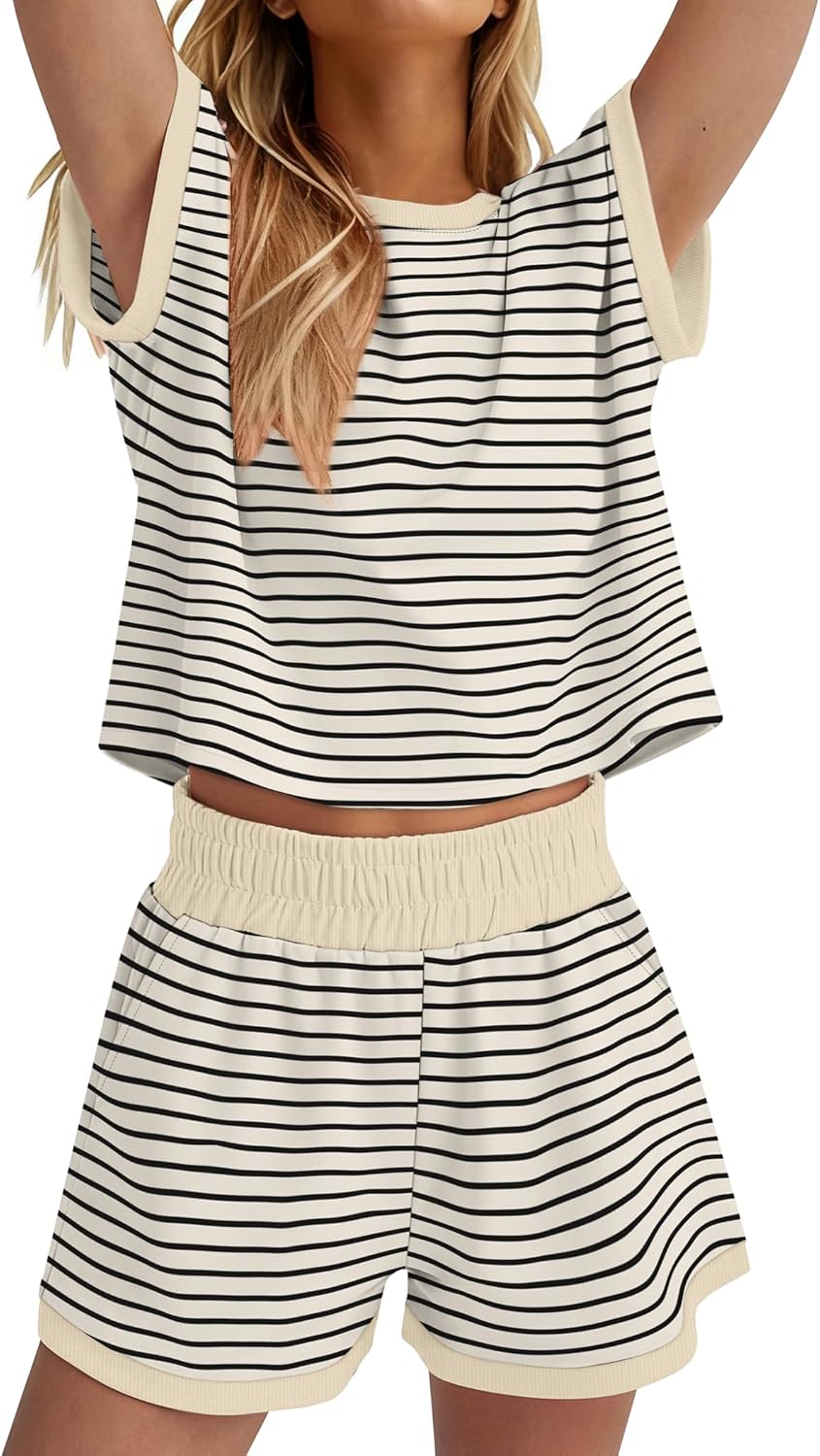 Detalle de WIHOLL Two-Piece Women’s Summer Lounge Set (Crew Neck Top & Shorts with Pockets) XS–2XL