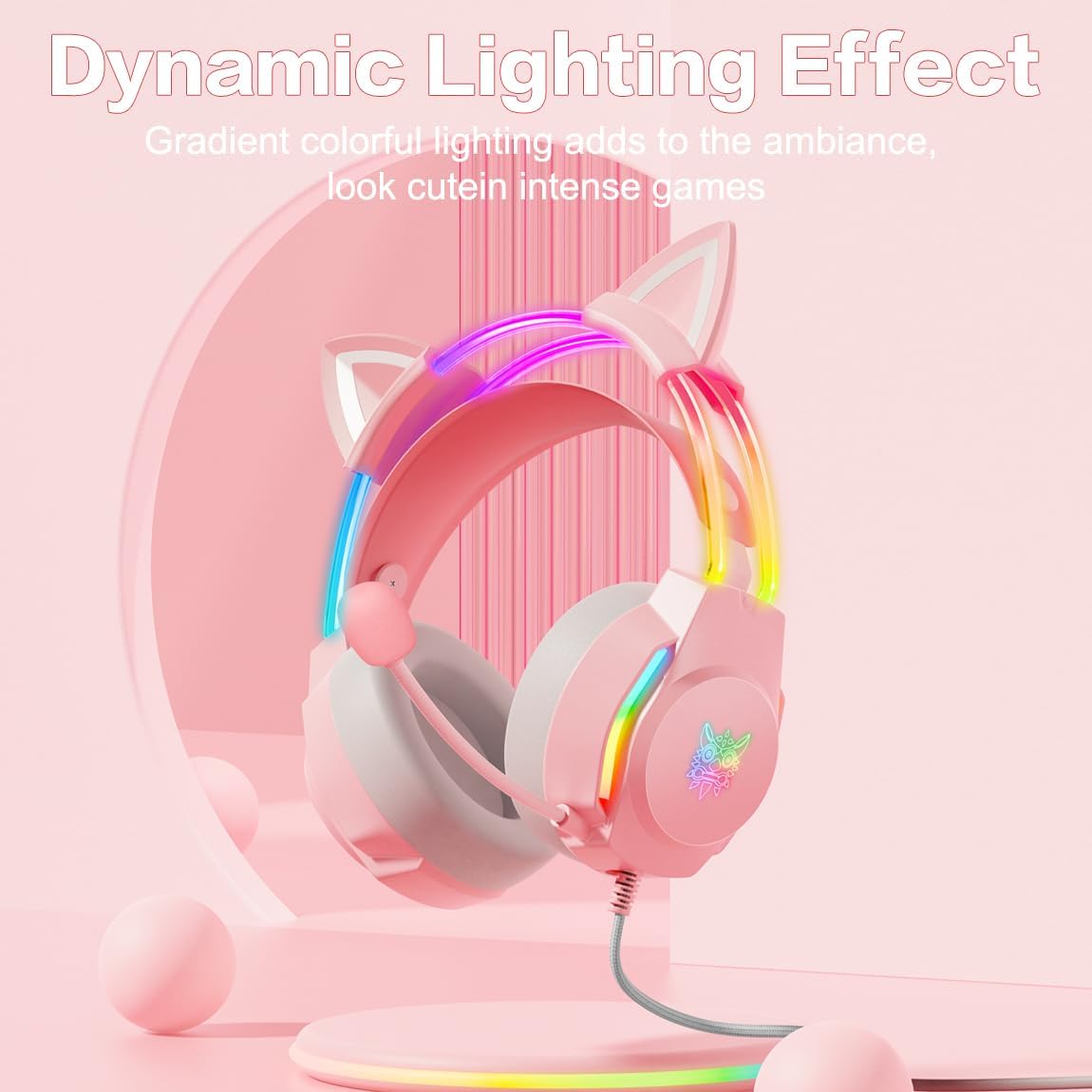 Detalle 2 de ONITOON Gaming Headset with Cat Ears (Pink) – RGB backlight, removable cat ears and virtual 7.1
