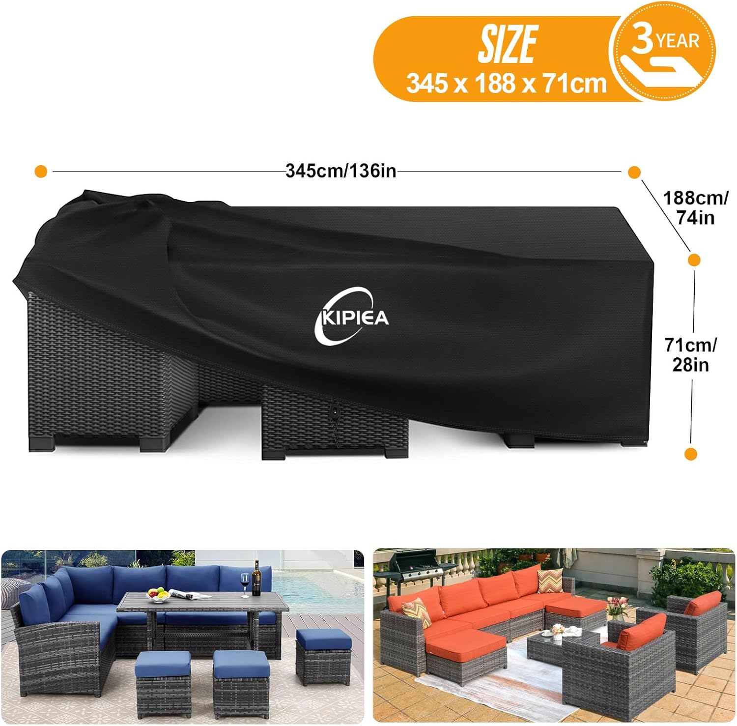 Detalle de Kipiea Extra Large Garden Furniture Covers Waterproof, Heavy Duty 420D (345 x 188 x 71cm)