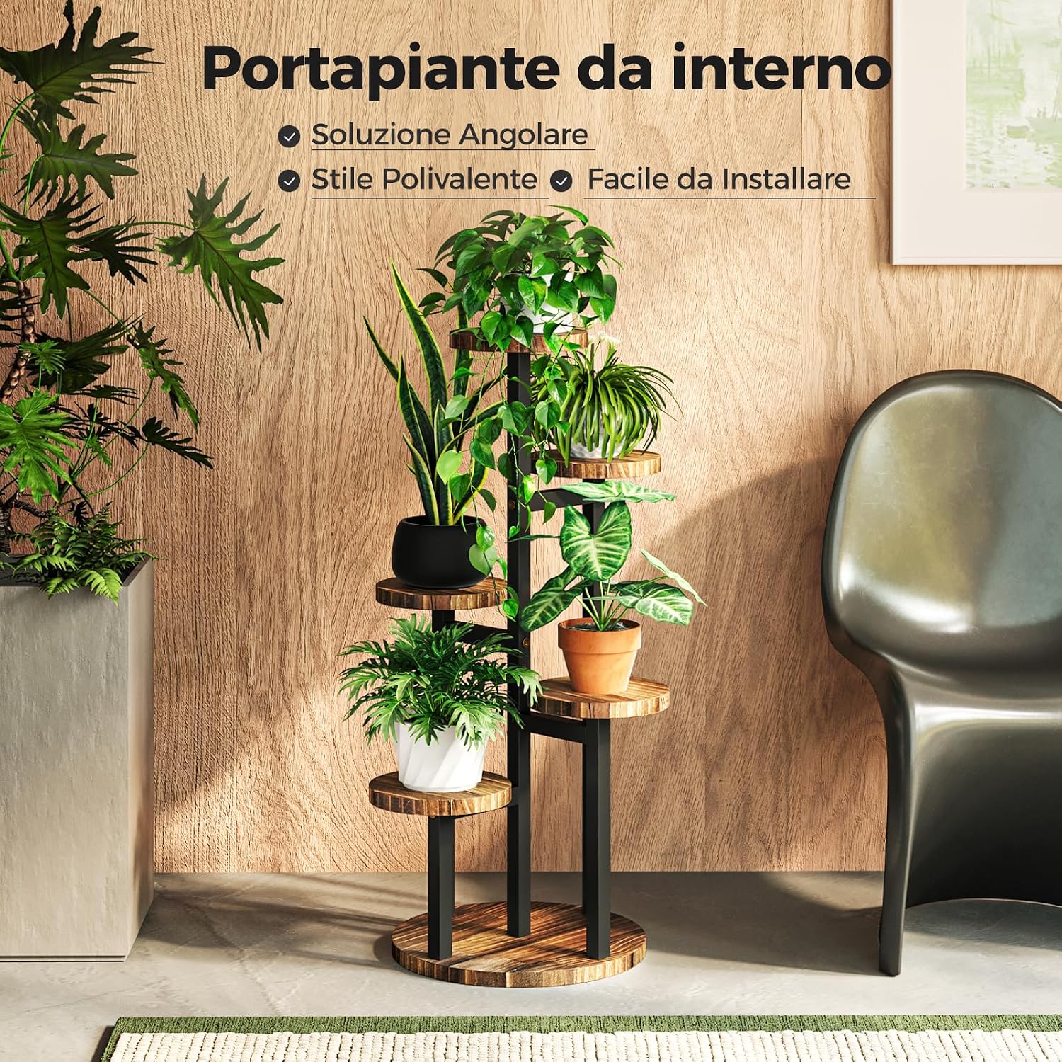 Detalle de Bamworld Porta Piante da Interno in Metallo 5 Ripiani in Legno – Porta Vasi a Più Livelli per Interno/Esterno