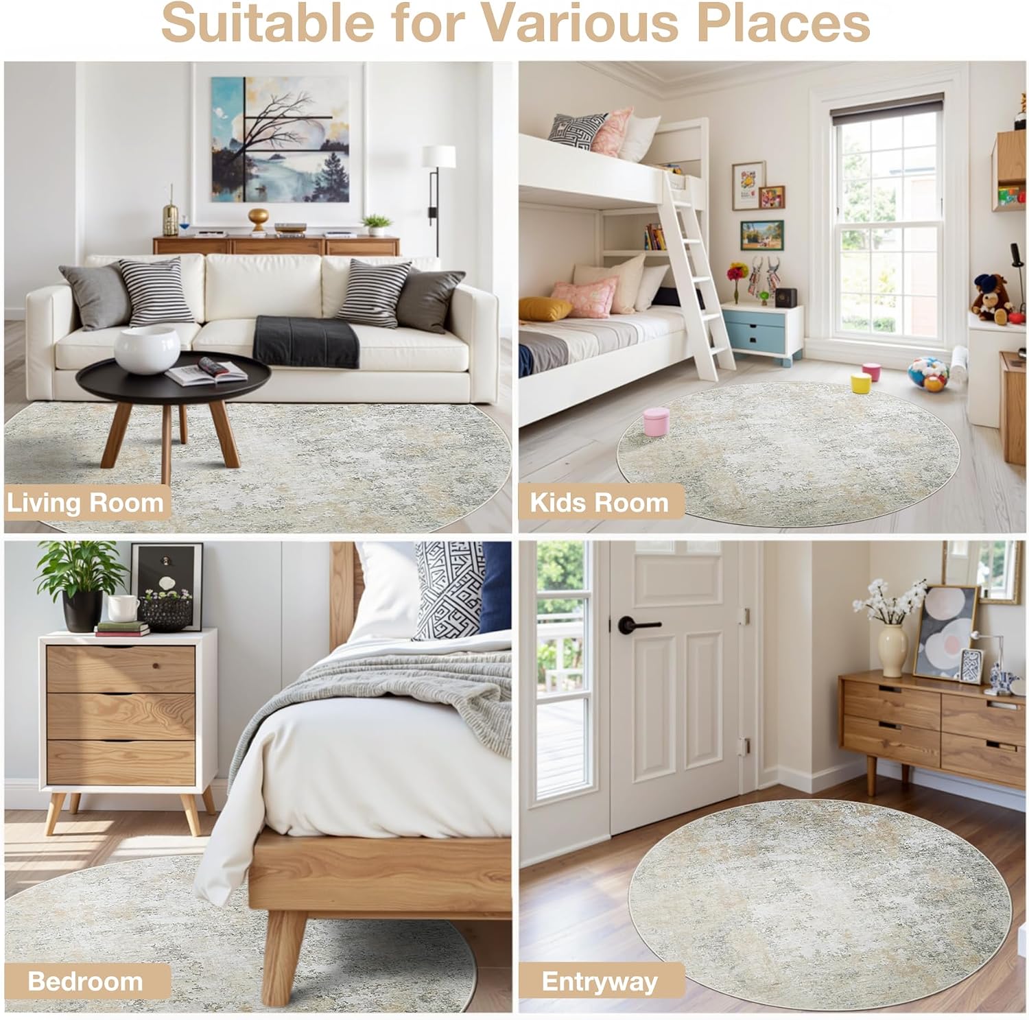 Thumbnail 6 de Aelenmu 6 ft Round Area Rug, Beige and Gray Abstract, Low-Pile with Rubber Backing