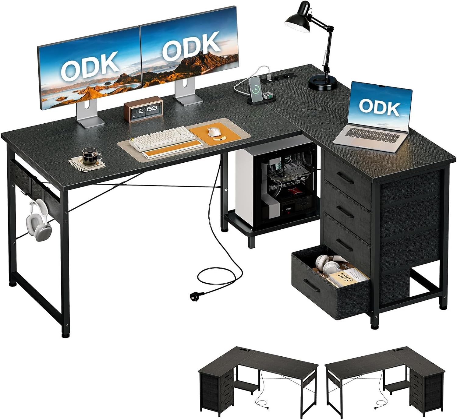 Detalle de ODK Eckschreibtisch mit 4 Schubladen – L-Form 135×100 cm, integrierte Steckdose & USB-Ladeanschluss, reversibel, Schwarz