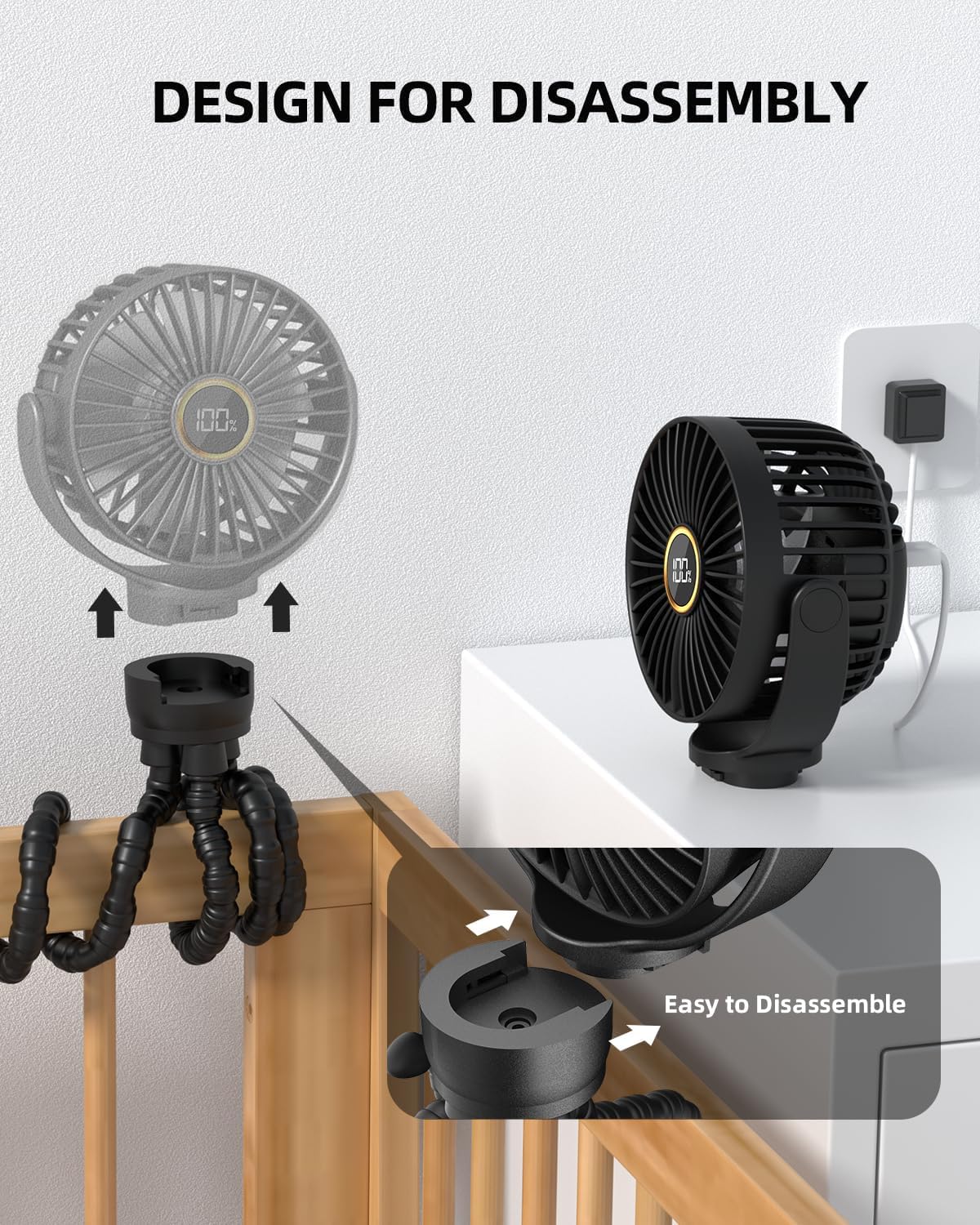 Thumbnail 1 de TUNISE Pram Fan Clip-On: Rechargeable 360° Baby Clip Fan (35dB)