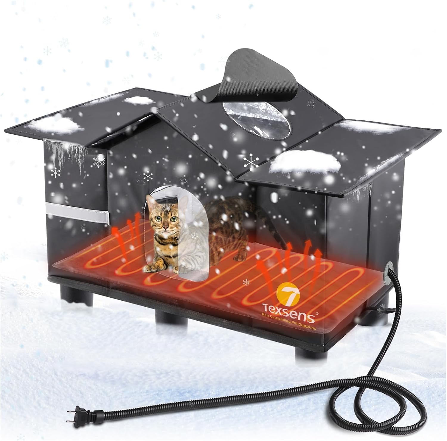 Detalle de Texsens OLI-MW-JRD-L Heated Outdoor Cat Shelter with Raised Base and Dual Exits