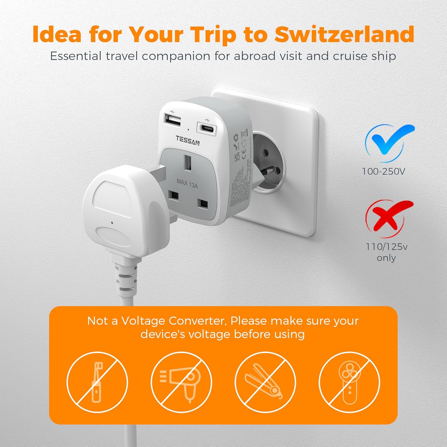 Thumbnail 2 de TESSAN UK to Swiss Plug Adapter with USB C 🔌
