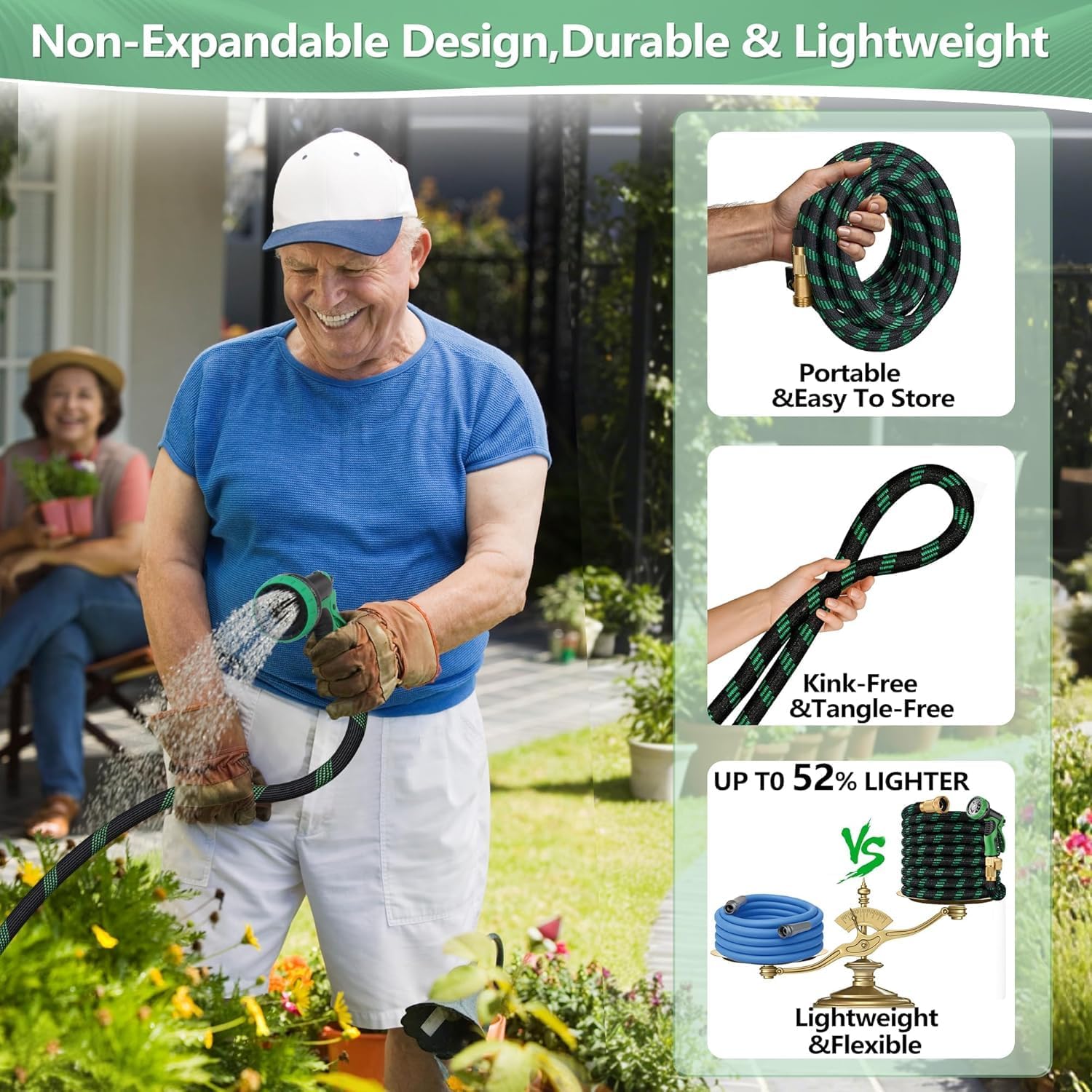 Thumbnail 3 de 50 FT Non-Expandable Garden Hose — 2026 Upgraded Ultra-Light, Anti-Kink, 10-Pattern Nozzle