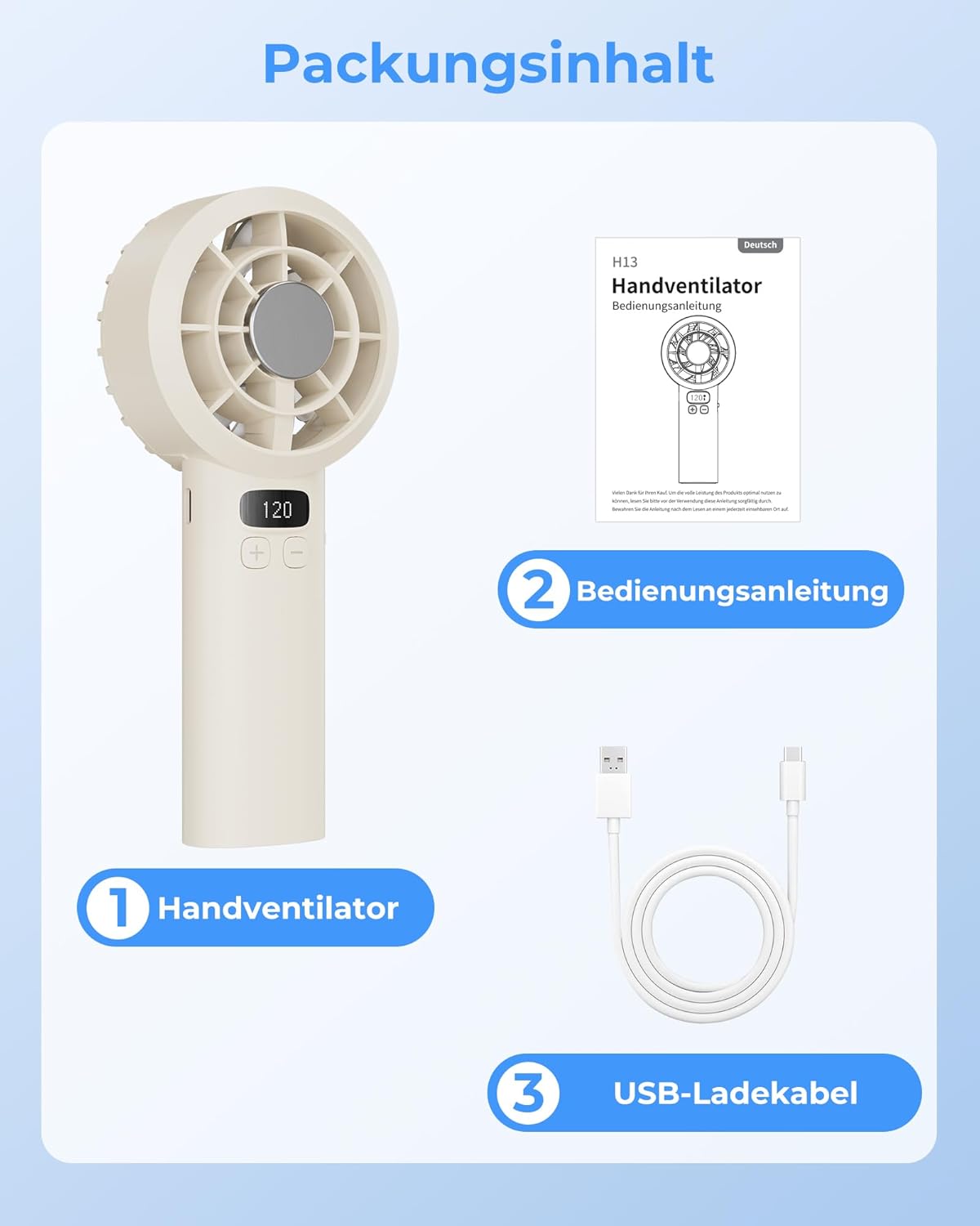Thumbnail 6 de LUXVANO Handventilator (120 Stufen) mit LED-Display, Sicherheitsverriegelung und 3000 mAh Akku – USB Mini Ventilator in Beige