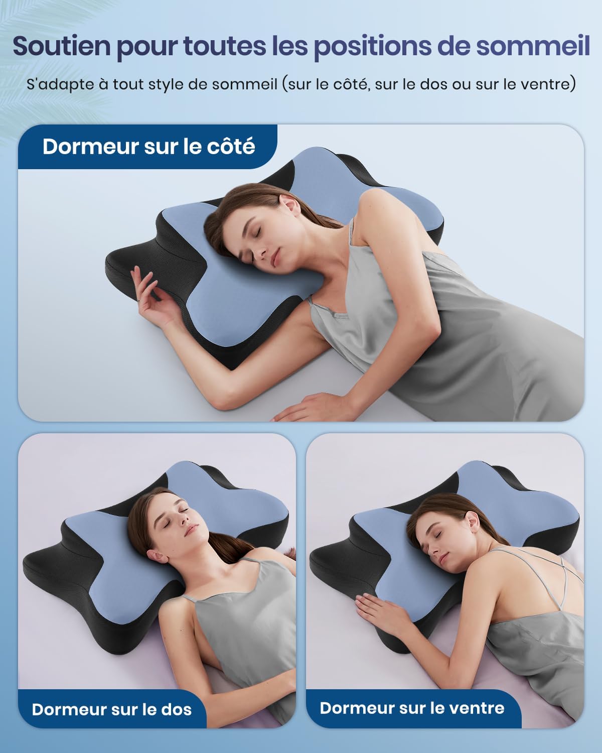 Detalle de Oreiller cervical ergonomique à mémoire de forme DONAMA, soutien du cou (66x37x13 cm) bleu et blanc