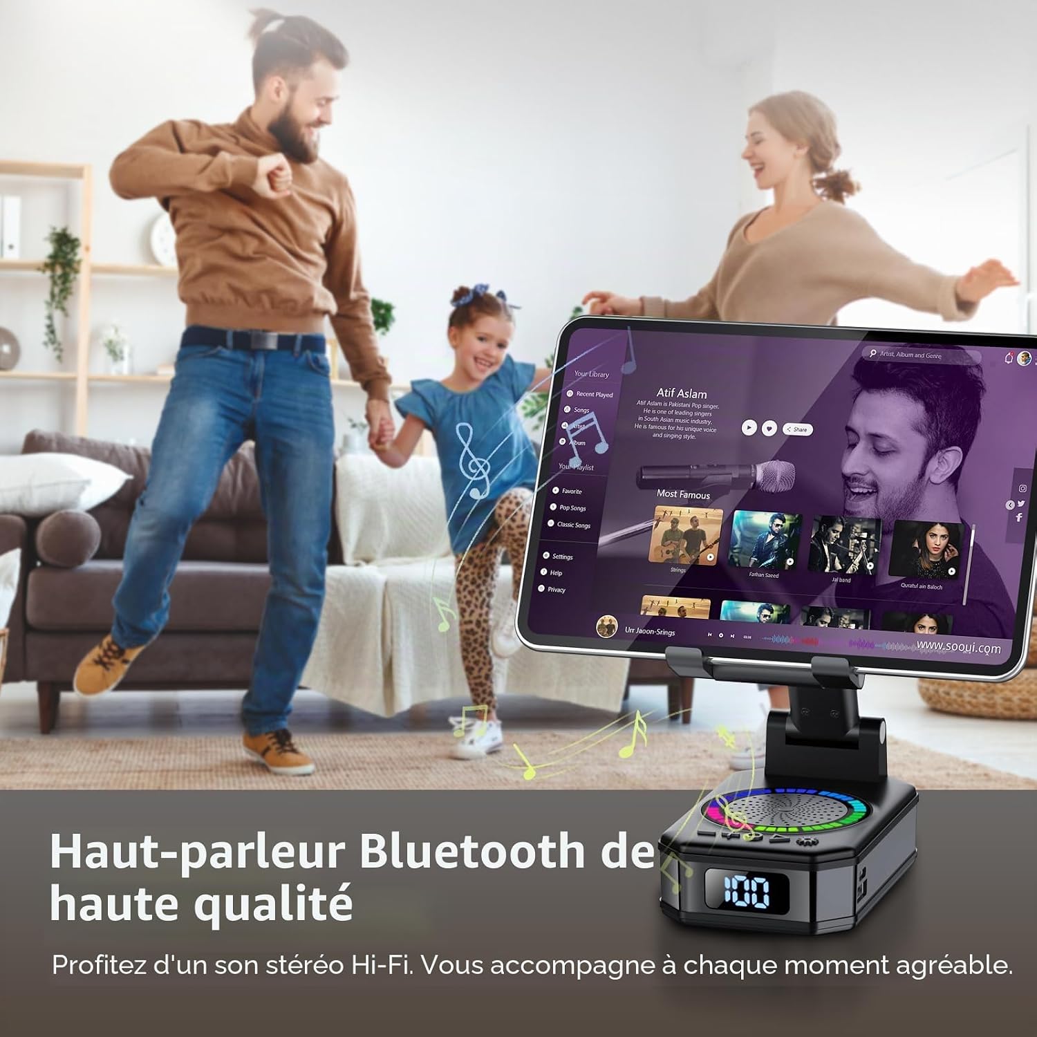 Detalle de Cadeau Homme : Enceinte Bluetooth 4-en-1 avec support, recharge et lumière RGB — idée Fête des Pères