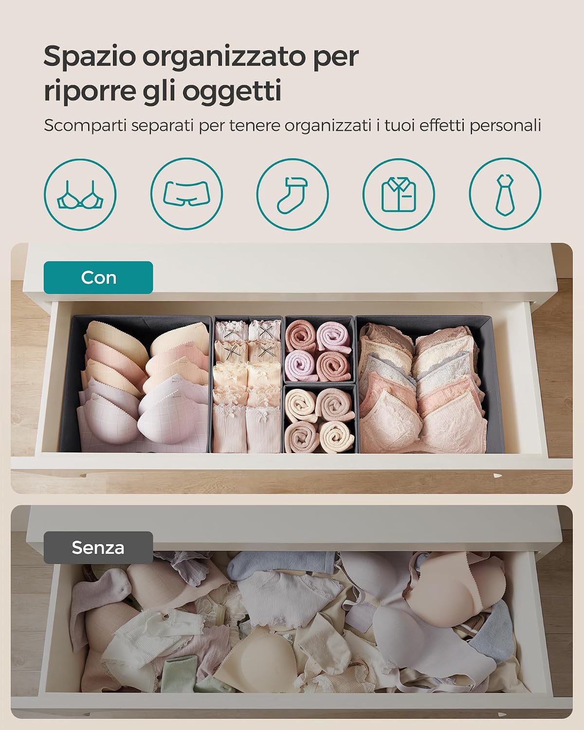Detalle de SONGMICS RDZ06G set di 6 divisori per cassetti in TNT pieghevoli