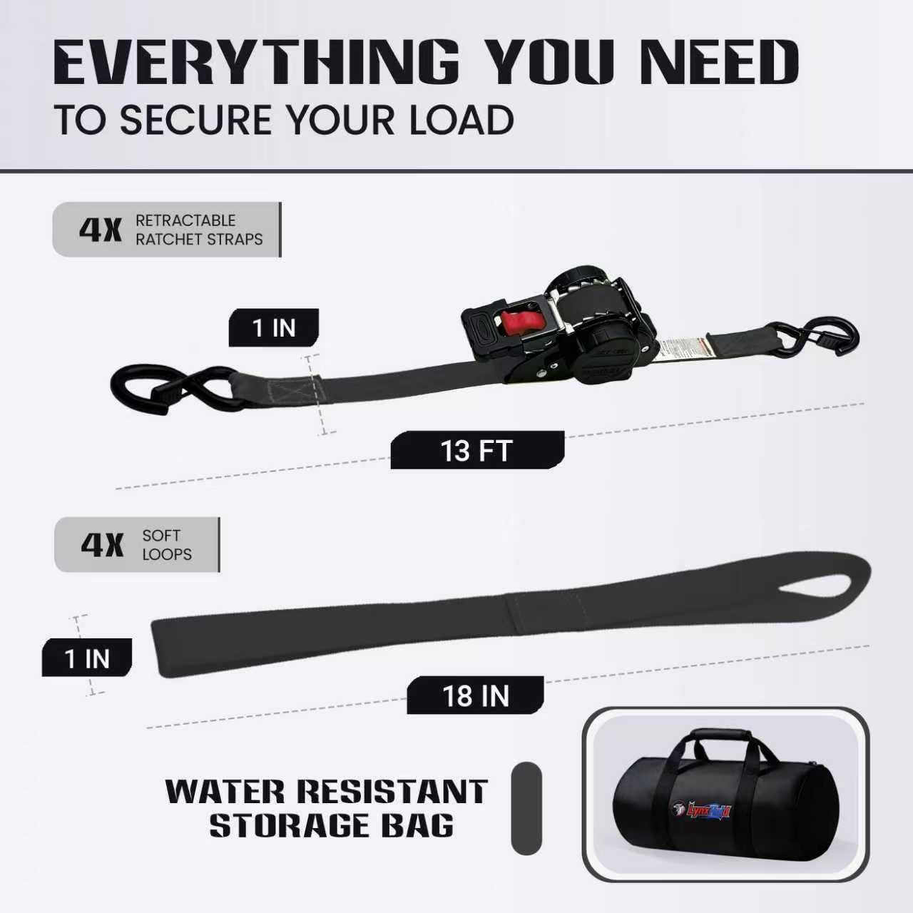 Detalle de Retractable Ratchet Straps 1in x 13ft (4-Pack) — Heavy-Duty Auto Slow Retraction Tie-Downs for Truck, Trailer, Motorcycle & More