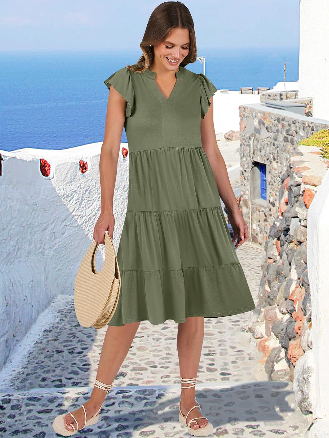 Detalle de ANRABESS Women’s Summer Ruffle Sleeve V-Neck Midi Dress (Tiered Boho Style)