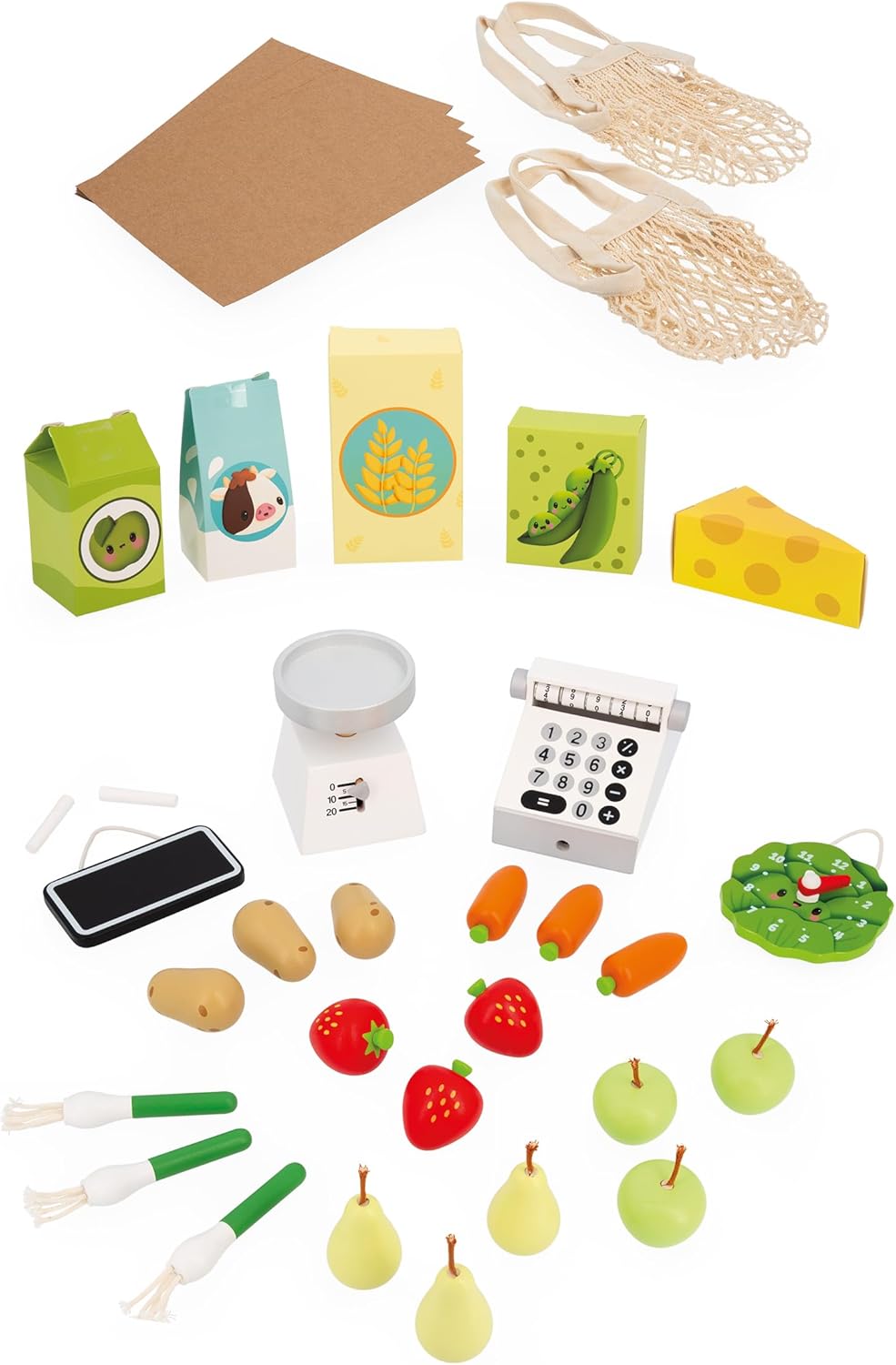 Detalle de Janod Bancarella Bambini Farm Market (J03322) – gioco di imitazione in legno FSC con 32 accessori