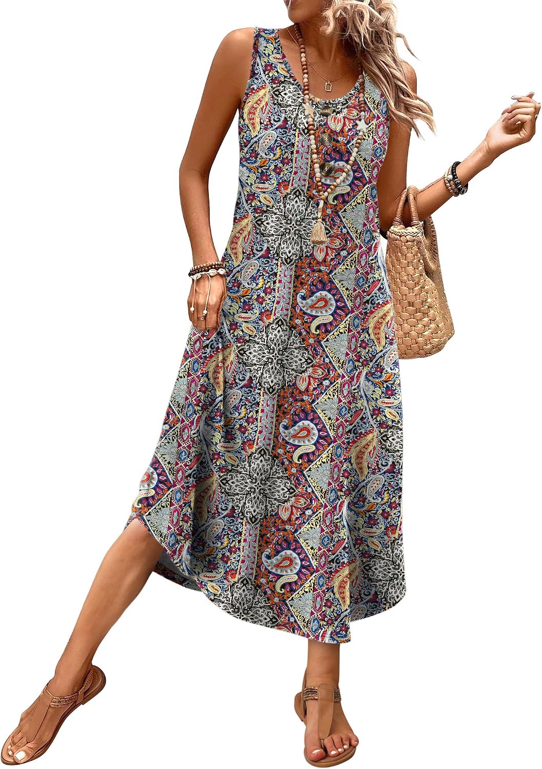 Detalle de WIHOLL Button-Front Sleeveless Summer Midi Dress with Pockets (2026)