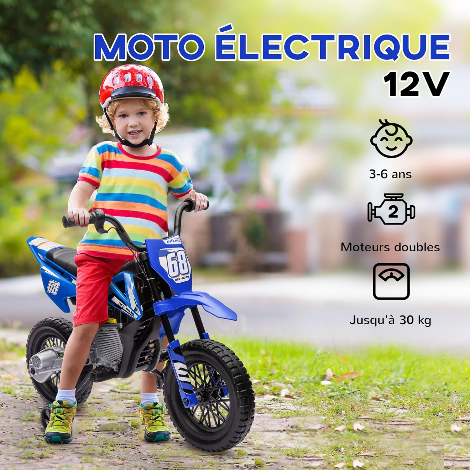 Detalle de AIYAPLAY Moto électrique Enfants – Moto Cross 12V pour enfants (3–6 ans), 2 moteurs, vitesse max 5 km/h
