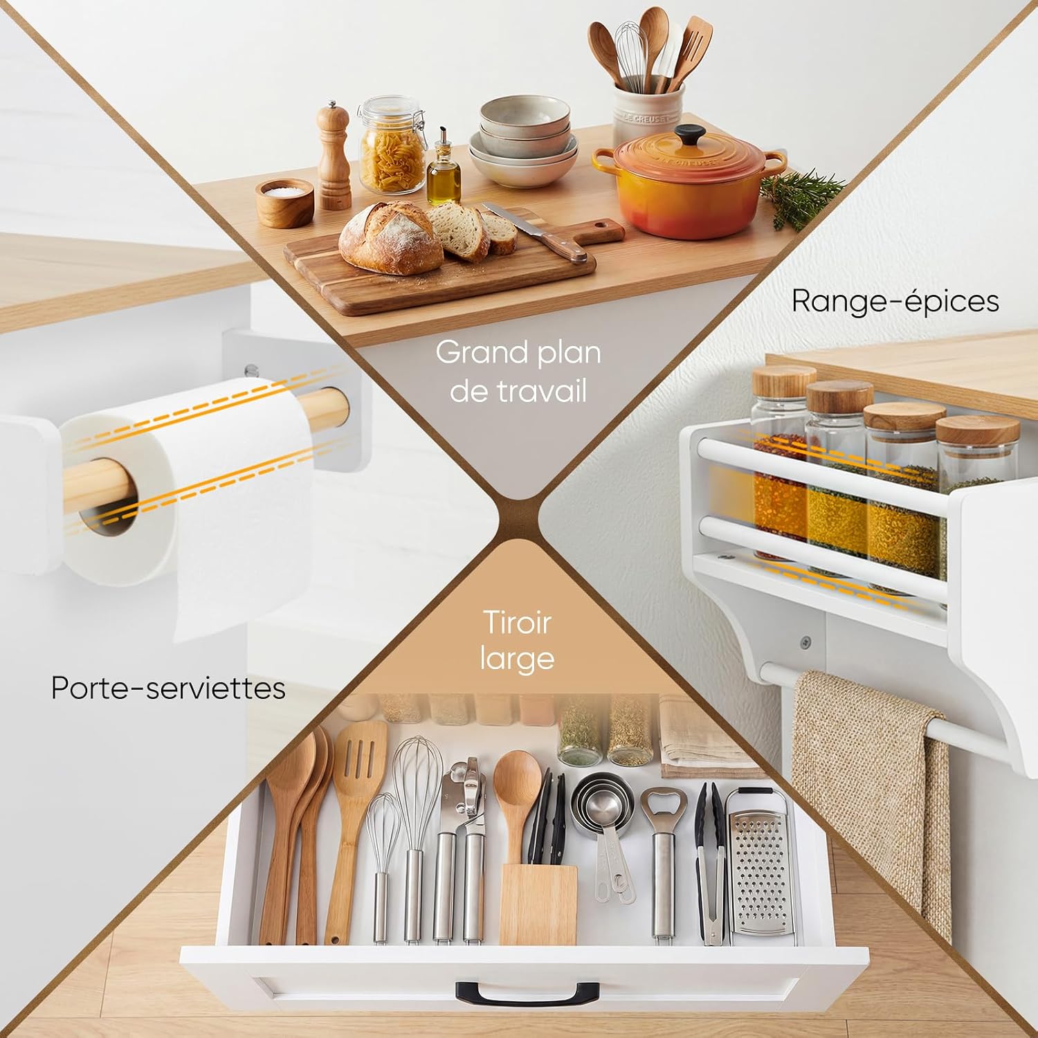 Detalle 2 de HOKEEPER chariot de cuisine mobile avec porte-serviettes, étagère à épices et tiroirs