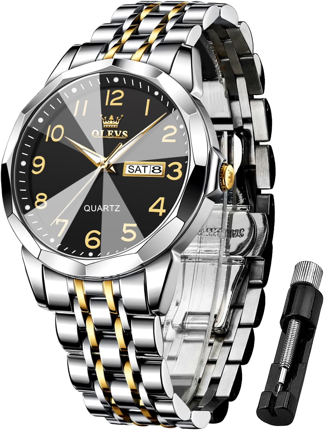 Detalle de OLEVS Herrenuhr in Gold/Silber – Business-Kleid Luxe mit Quarzwerk, leuchtendem Zifferblatt und 30 m Wasserschutz