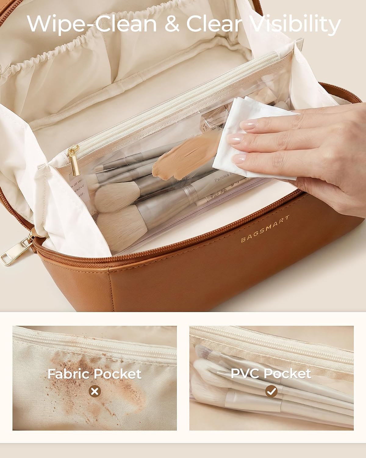 Detalle de BAGSMART Travel Makeup Bag (Flat Lay) PU Leather Cosmetic Organiser with Clear Pocket — Beige