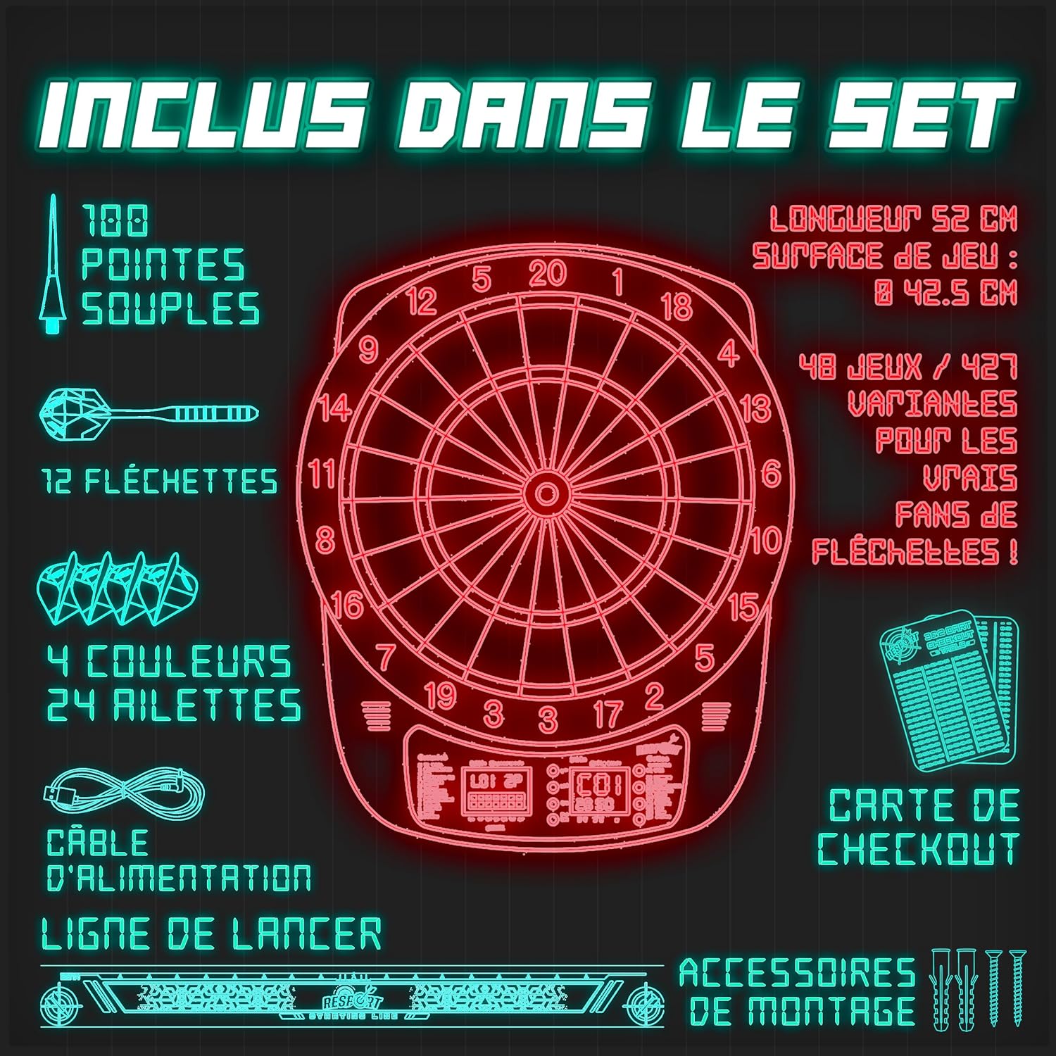 Thumbnail 3 de RE:SPORT Cible de fléchettes électronique professionnelle avec 12 flèches et accessoires — 1 à 8 joueurs, 427 variantes