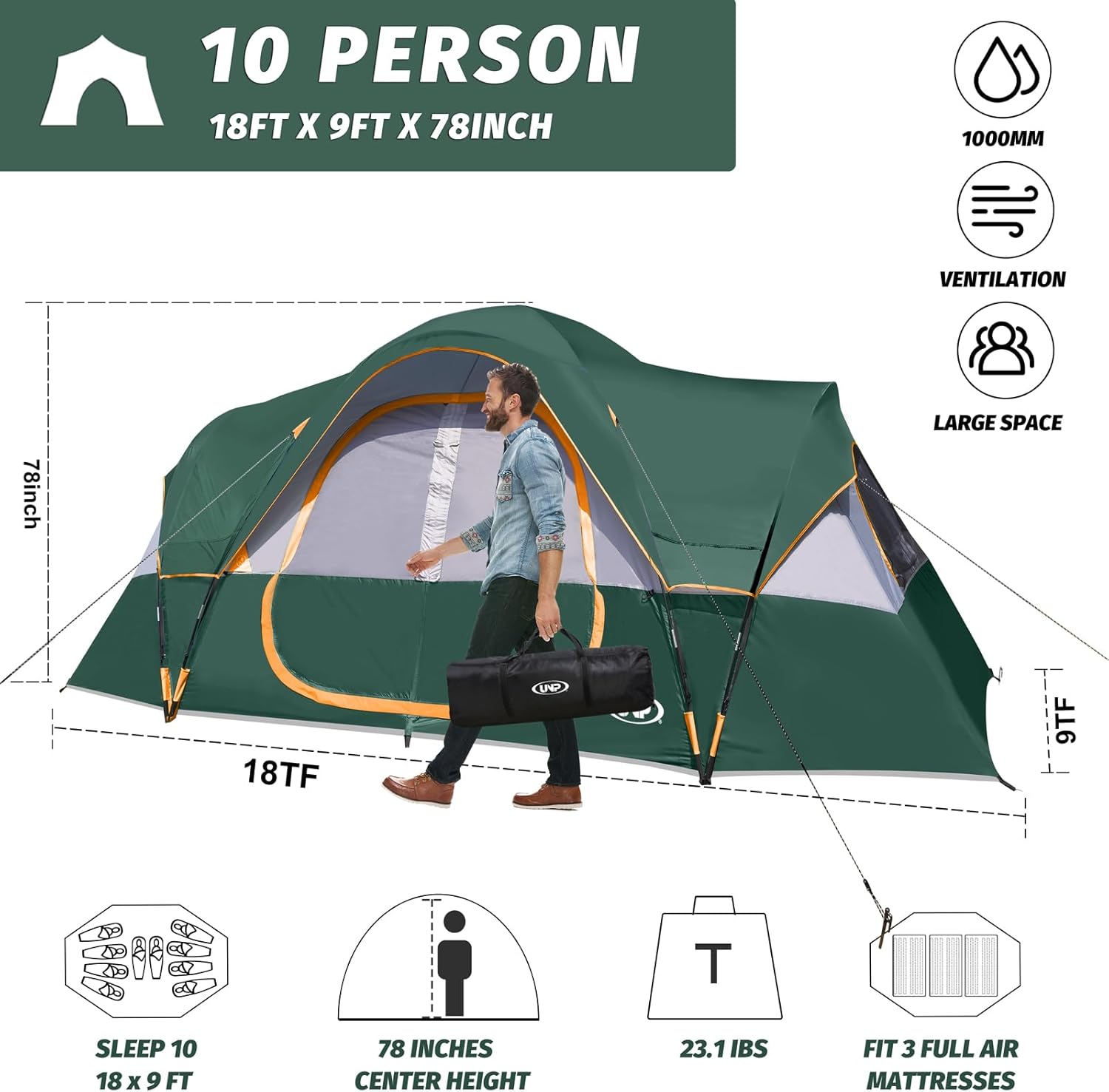 Detalle de UNP Camping Tent 10-Person Family Tent — Easy Up, 2 Rooms, Waterproof 18ft x 9ft x 78in