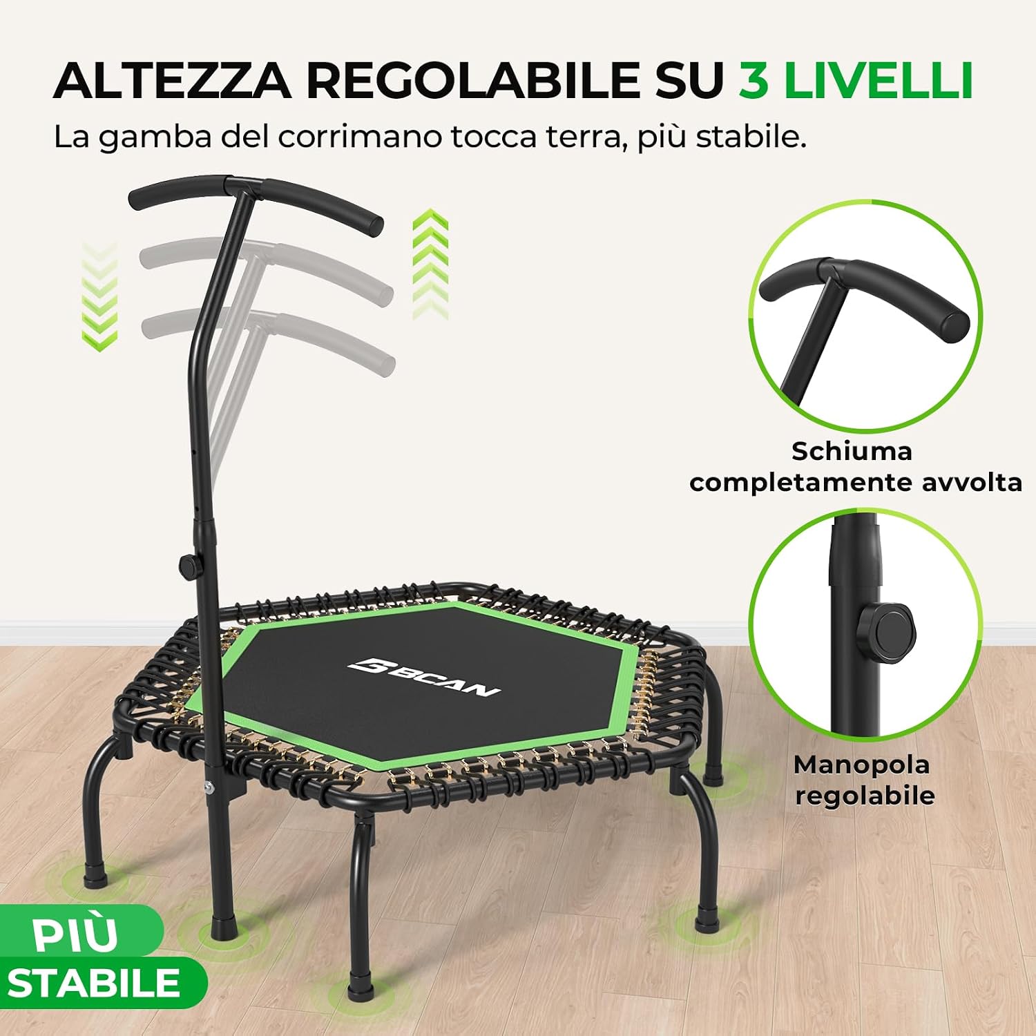 Detalle de Trampolino da interno BCAN Fitness – Ø 122 cm (disponibile Ø 102/130 cm) con maniglie regolabili, silenzioso e a basse vibrazioni