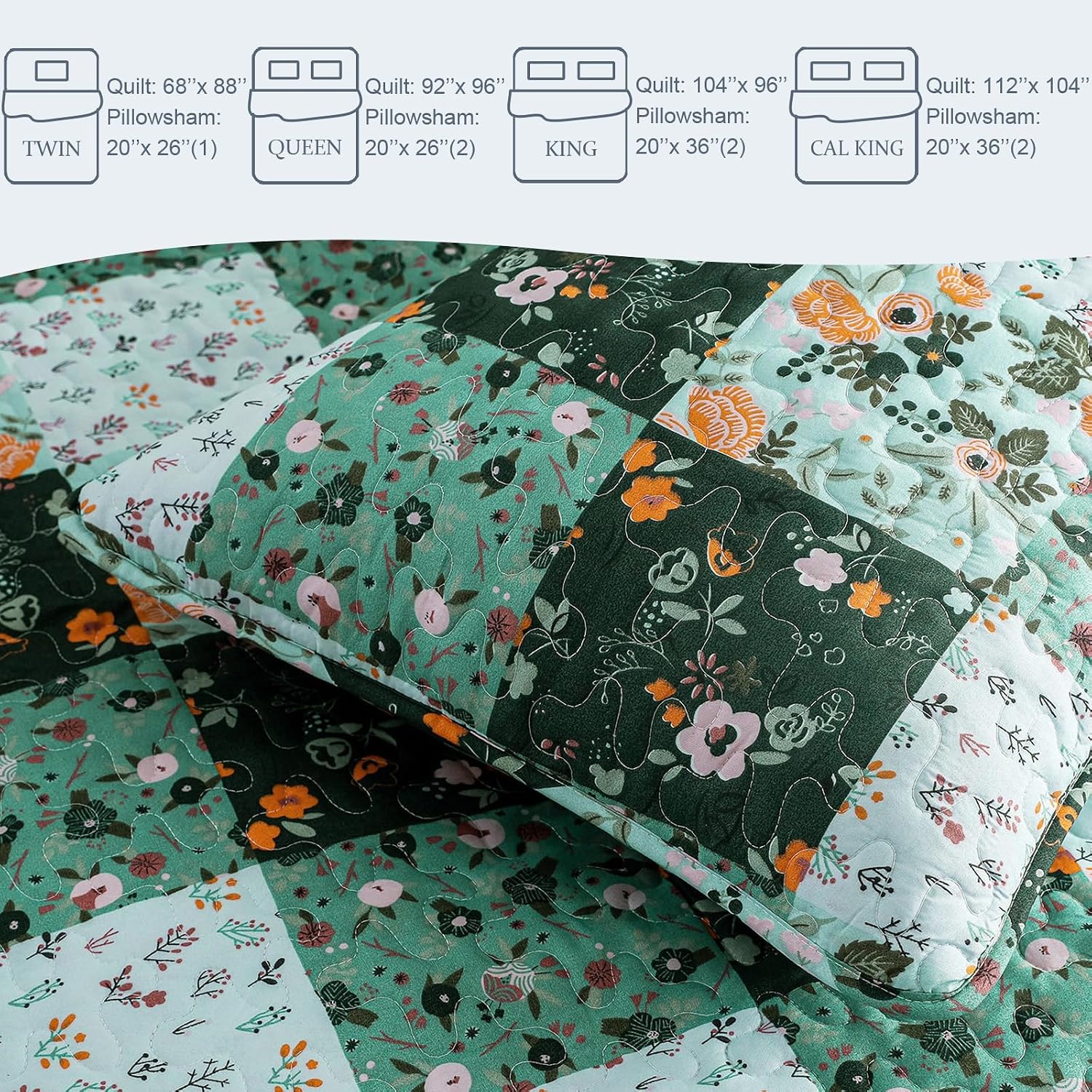 Detalle 2 de Exclusivo Mezcla Quilt13-DGREEN-Q Queen Quilt Set, Reversible Green Floral Patchwork