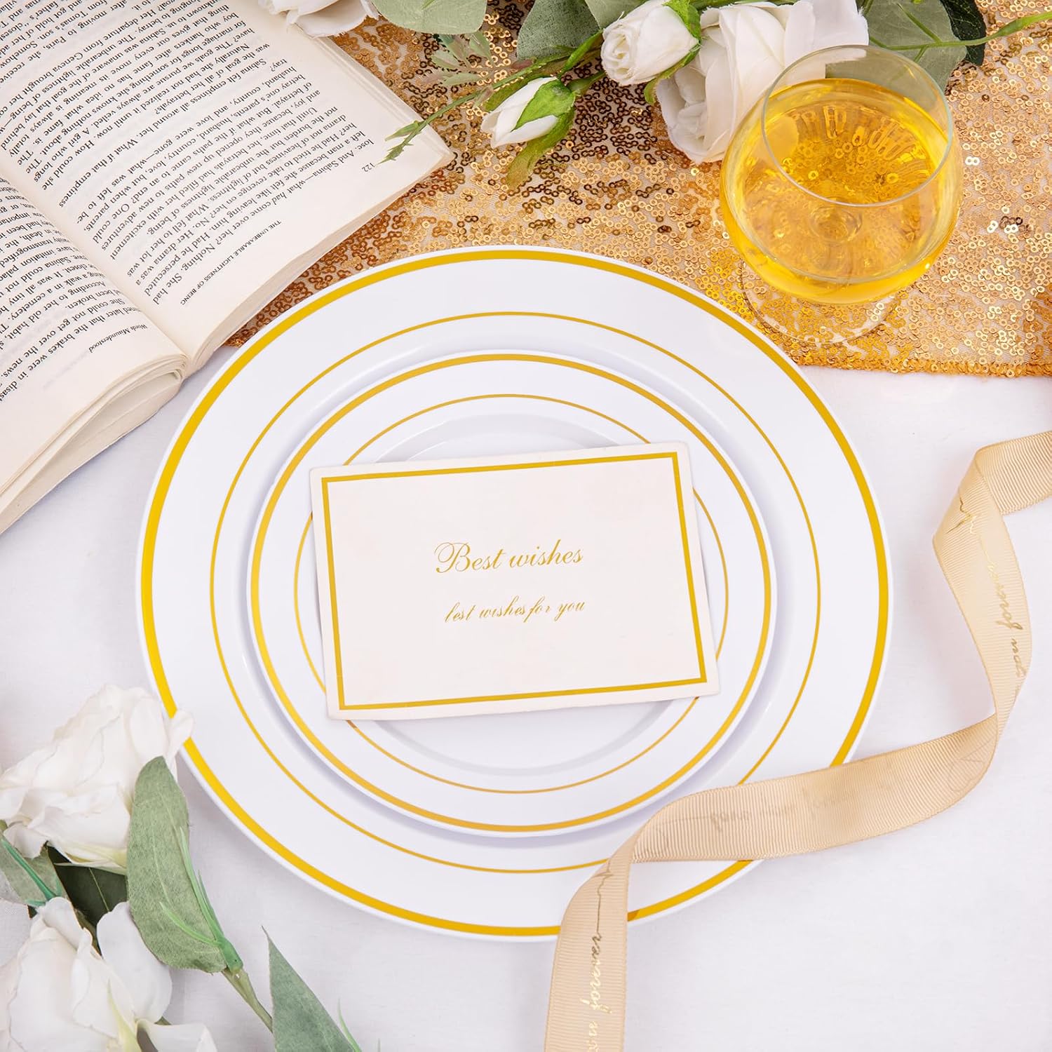 Thumbnail 2 de I00000 200-Piece Gold Plastic Party Plates Set (100 Dinner + 100 Dessert) — BPA-Free Disposable Plates