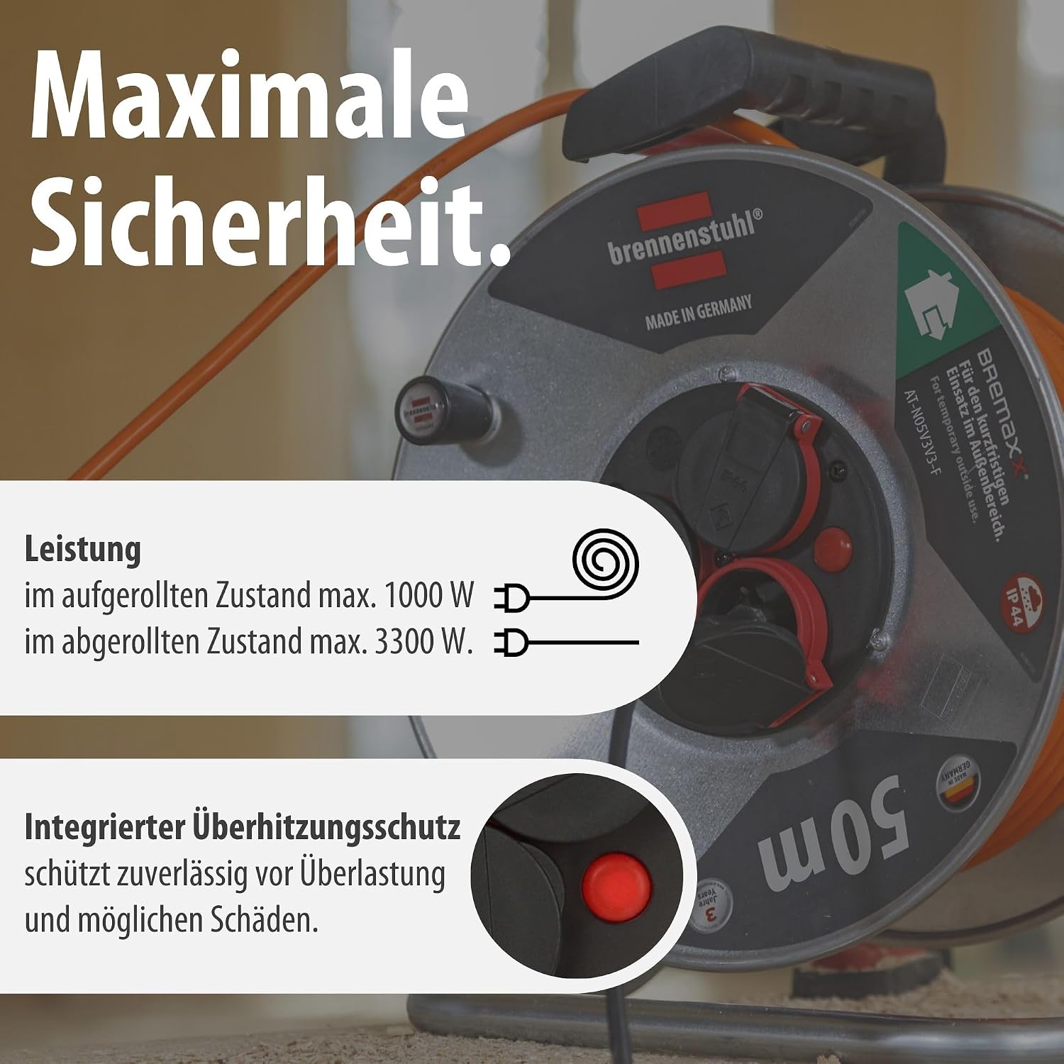 Detalle de Brennenstuhl Garant S V2 IP44 Kabeltrommel 50m outdoor – robust, zuverlässig und absolut wetterfest