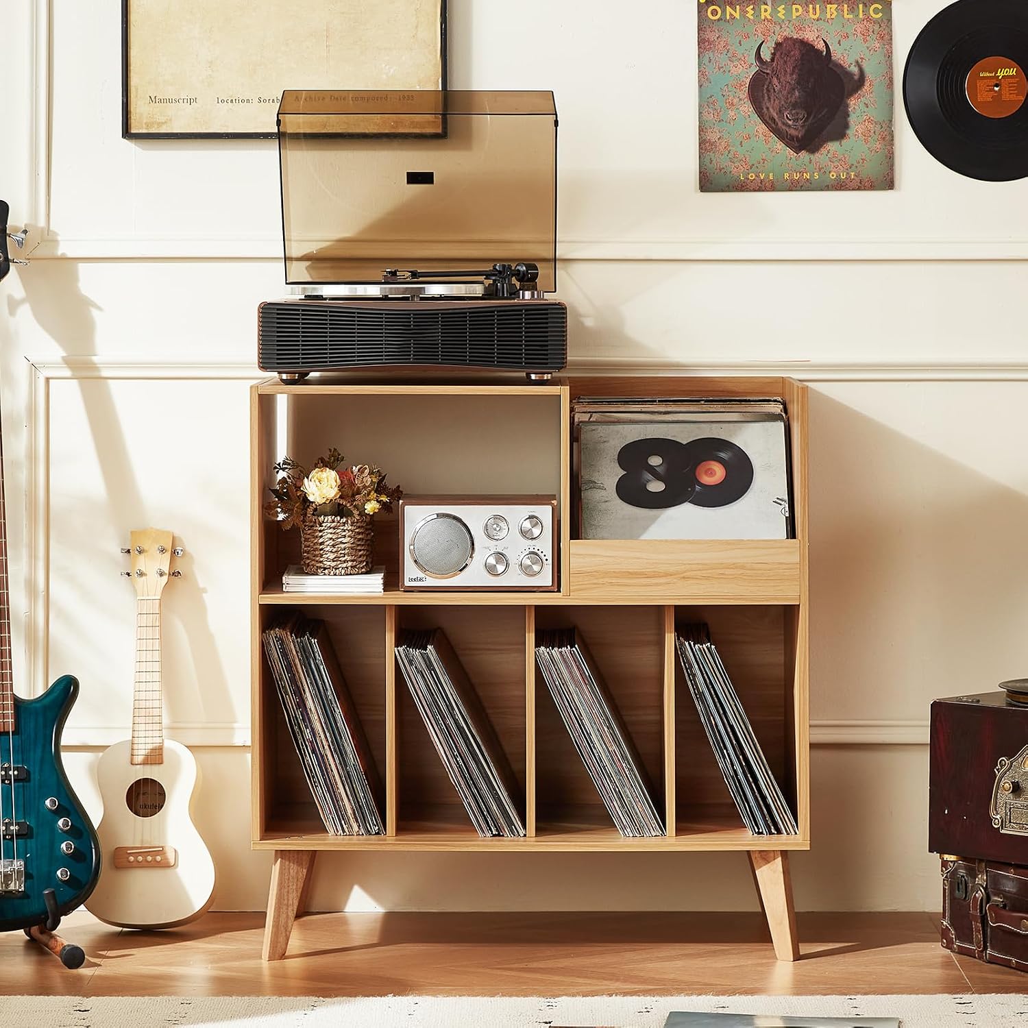 Thumbnail 3 de Large record stand with storage – wooden record player stand for up to 300 vinyl albums