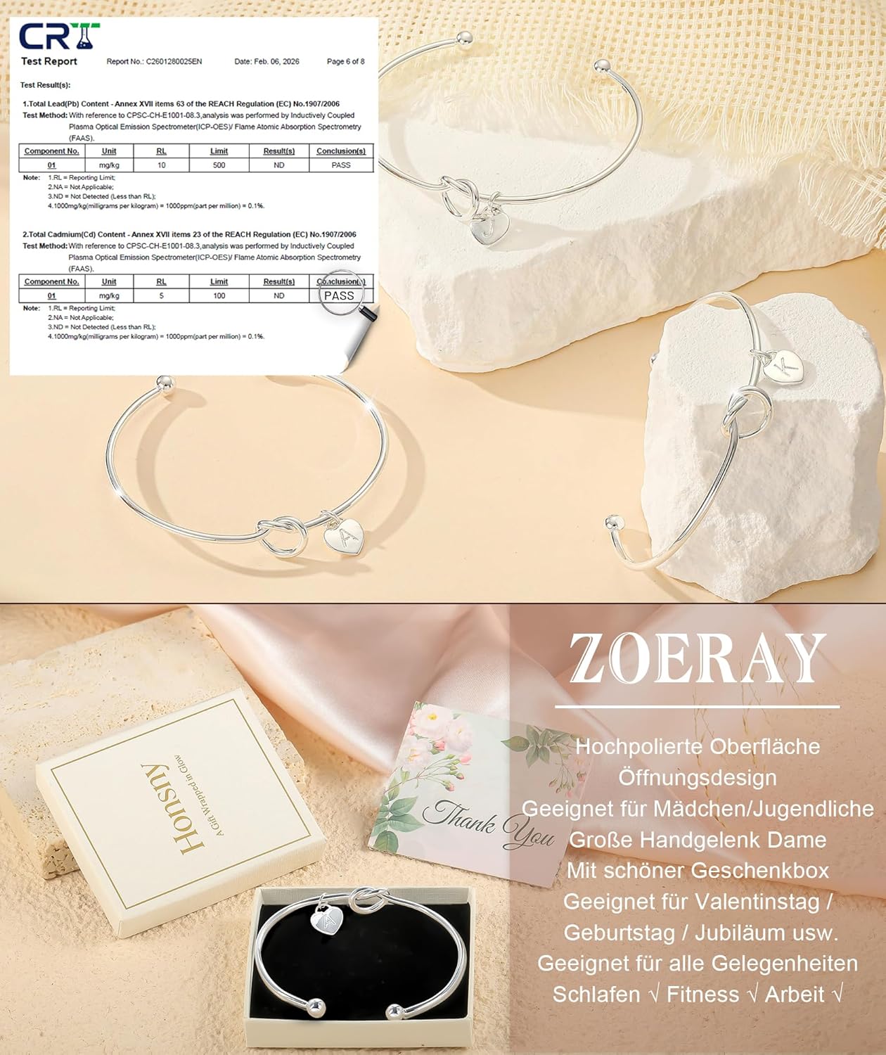 Thumbnail 4 de Bracelet personnalisé ZOERAY or jaune et argent 18K plaqué, nœud d’amour réglable avec breloque cœur (initiales A-Z)