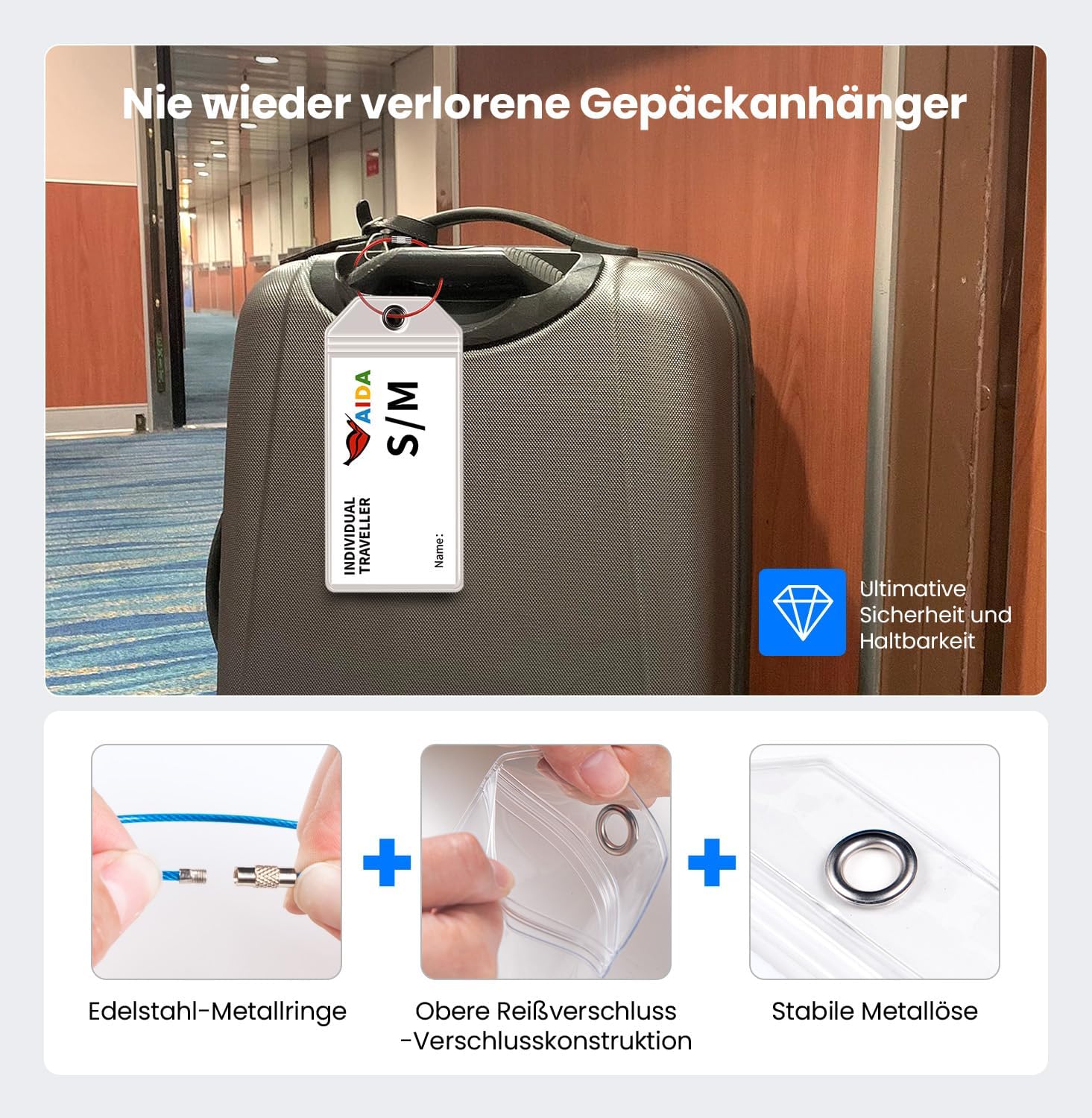 Detalle de Honizer 8er-Pack Kofferanhänger 19 × 11 cm – Transparent, wasserfest, mit Edelstahlband