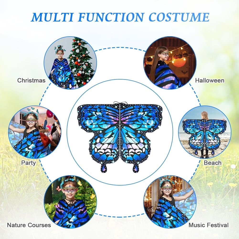 Detalle de AUYAO Costume da Farfalla per Bambini – Mantello con Ali, Maschera, Fascia e Adesivi (4 pezzi)