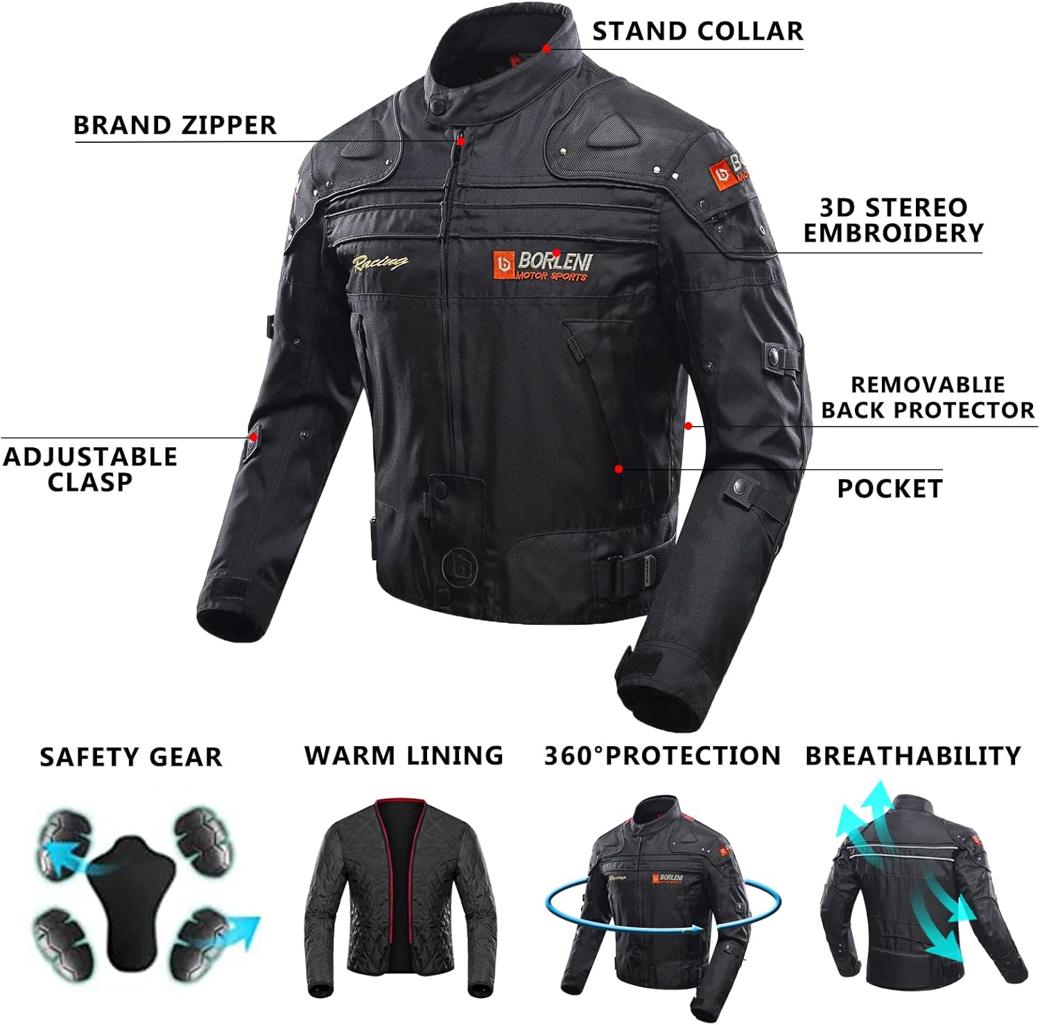 Thumbnail 4 de BORLENI Giacca da moto uomo tutte le stagioni con protezioni CE e gilet termico removibile