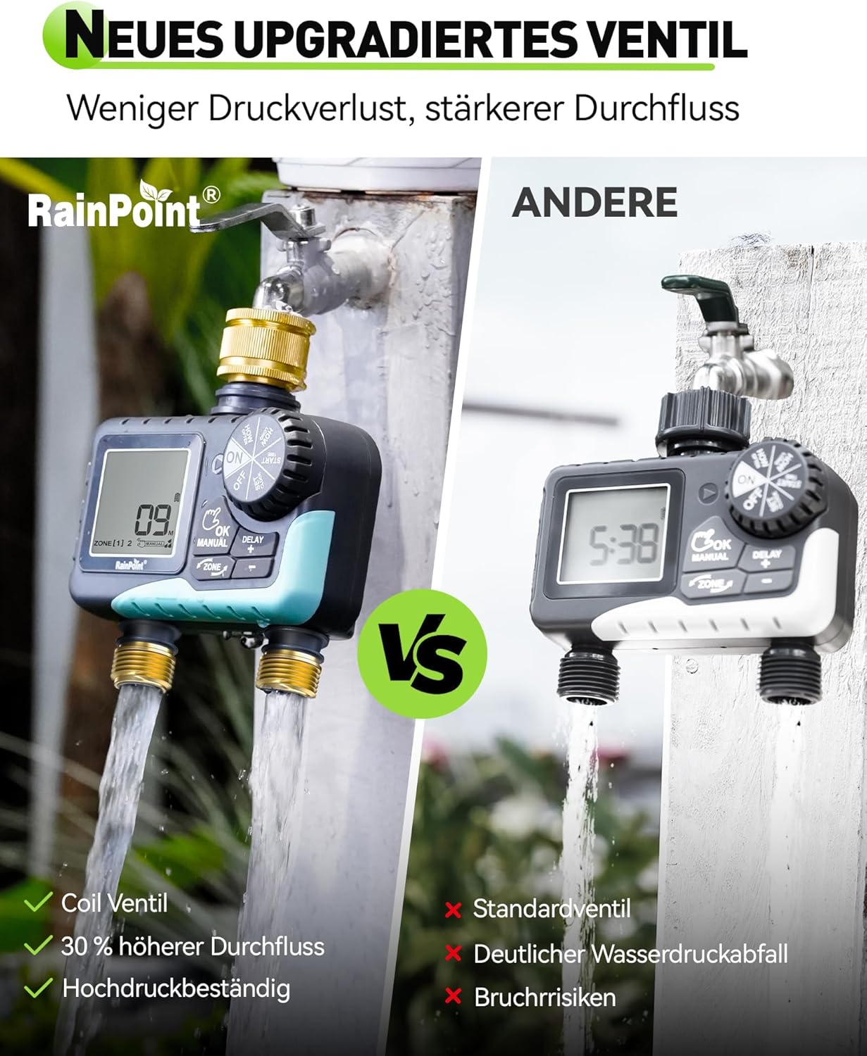 Thumbnail 2 de RAINPOINT Bewässerungscomputer 2 Ausgänge (2-Zonen) aus Messing – mit Regennachlauf und manueller Bewässerung