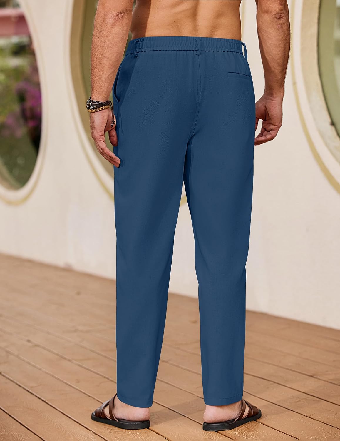 Detalle 2 de COOFANDY Pantalon homme en lin léger décontracté d’été, avec taille élastique