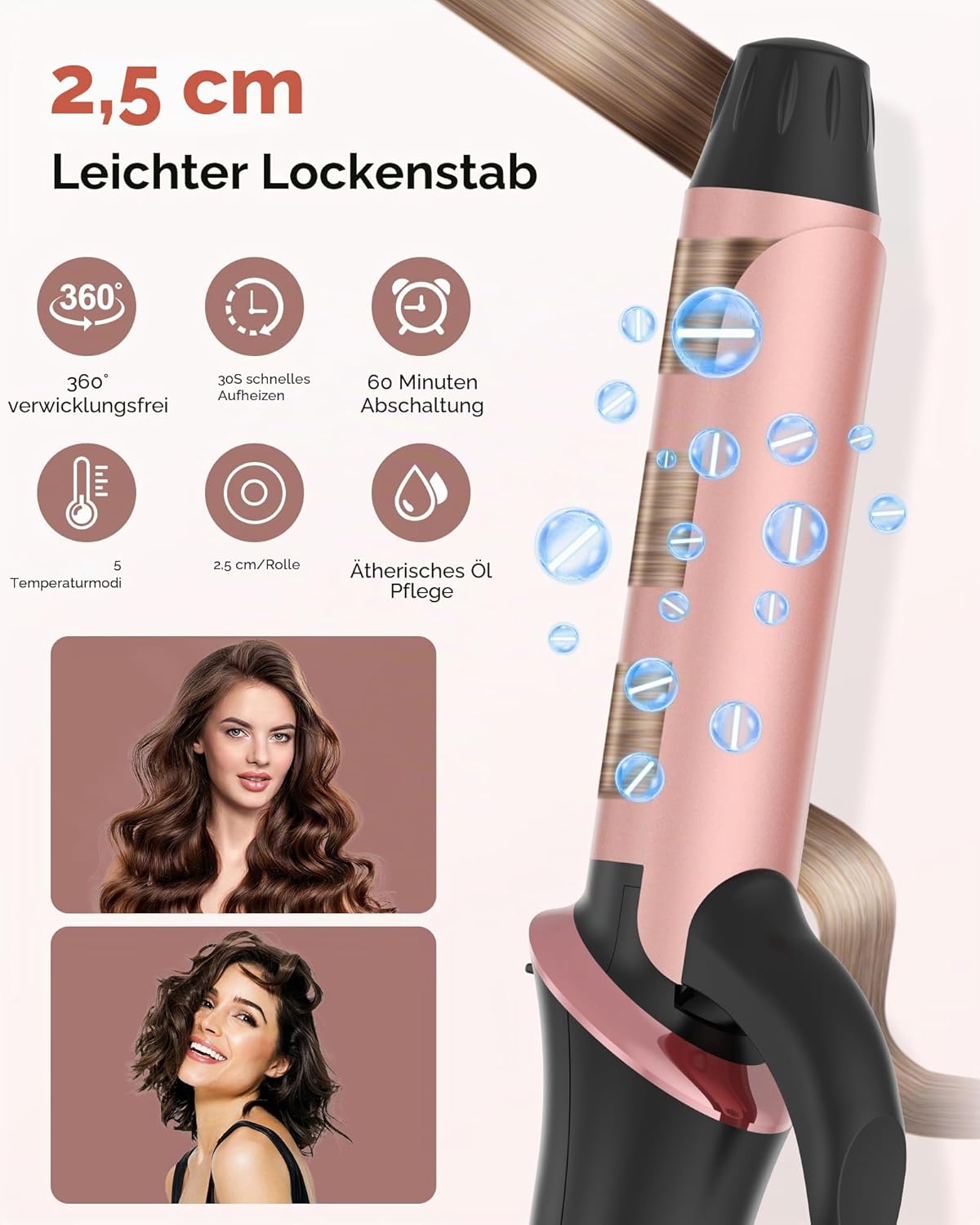 Detalle de UKLISS Mini Lockenstab für Kurze Haare – 25 mm, LCD Display, Doppelspannung, Reise-Format (Rose Schwarz)