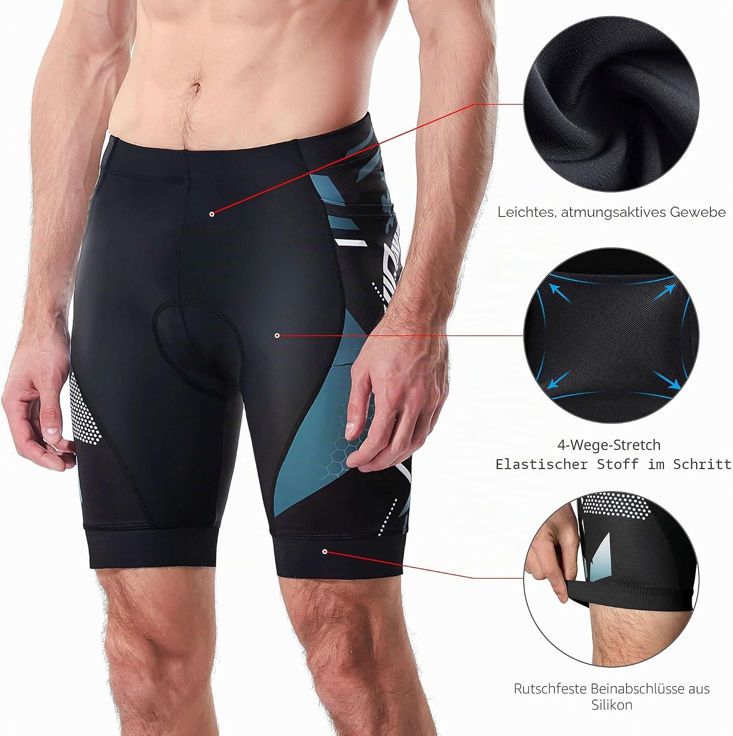 Detalle 2 de NICEWIN gepolsterte Mountainbike-Shorts für Herren mit 6D-Polster, atmungsaktiv und Taschen