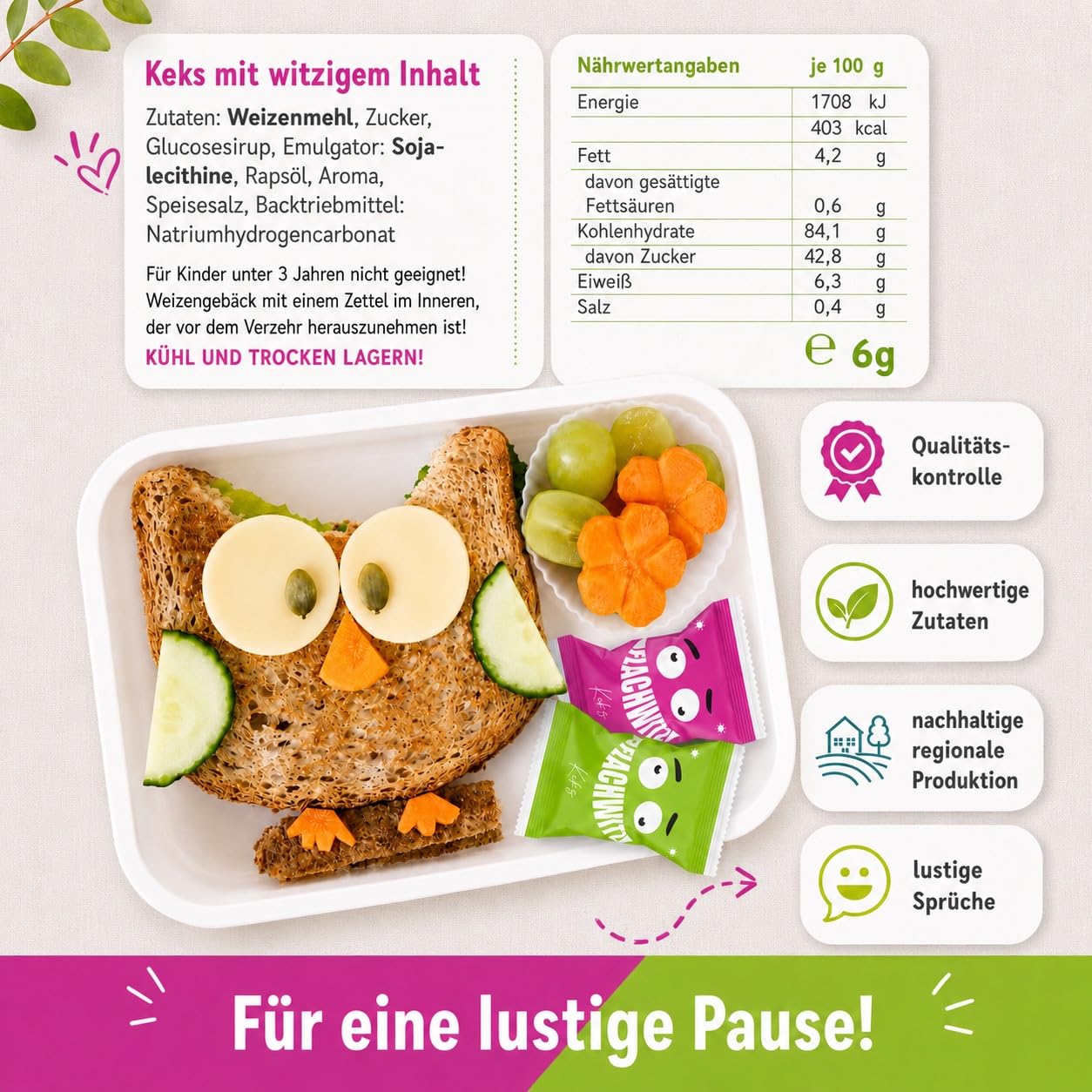 Detalle 2 de Glückskekse Flachwitze pink – vegane Glückskekse mit Flachwitz-Sammelwitzen, 30 Stück, made in Germany