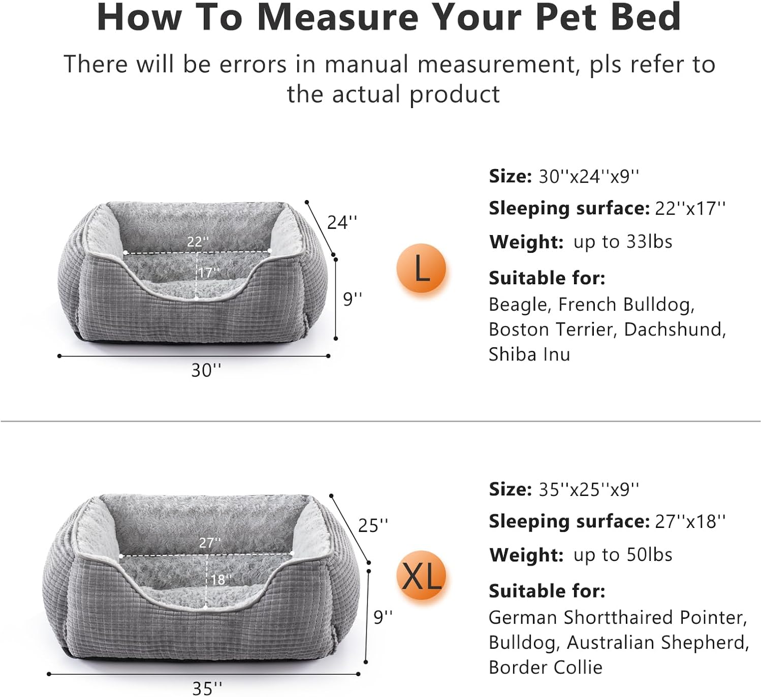 Detalle de JOEJOY Large Dog Bed Washable Pet Bed – Soft Rose Velvet, 76×61×23 cm, Grey