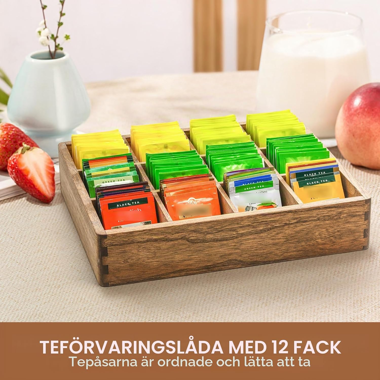 Detalle 1 de KIRIGEN tebox i trä med 12 fack och lock, 34,4 × 28 cm
