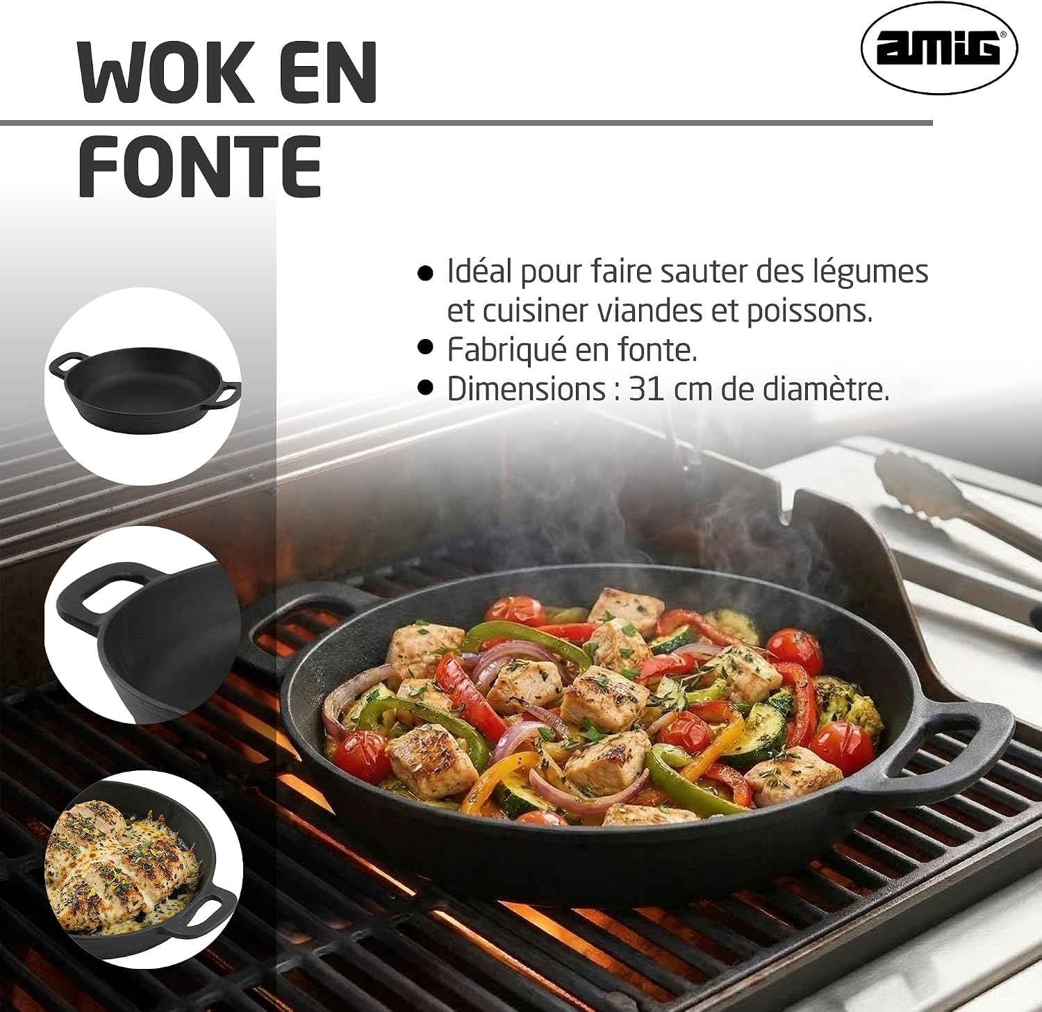 Detalle de Amig Mod. AM39 Cast Iron Skillet, Ø31 cm for Charcoal and Gas Grills