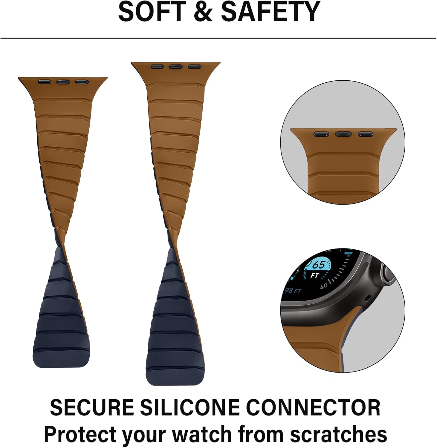 Detalle de Sixmoat Magnetic Silicone Strap for Apple Watch (42mm/41mm/40mm/38mm) – Brown-Indigo, 150–215mm wrists