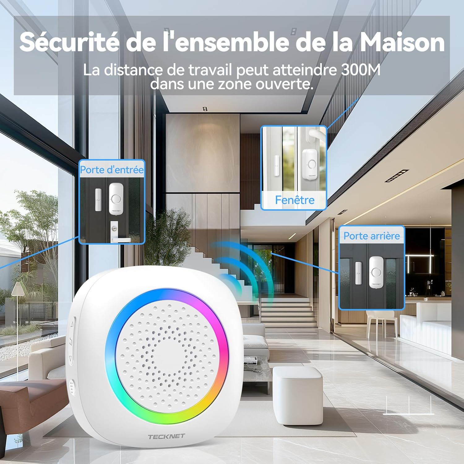 Detalle de TECKNET Alarme Porte et Fenêtre Détecteur — Système sans fil avec RVB lumineux, portée jusqu’à 300 m et 61 mélodies