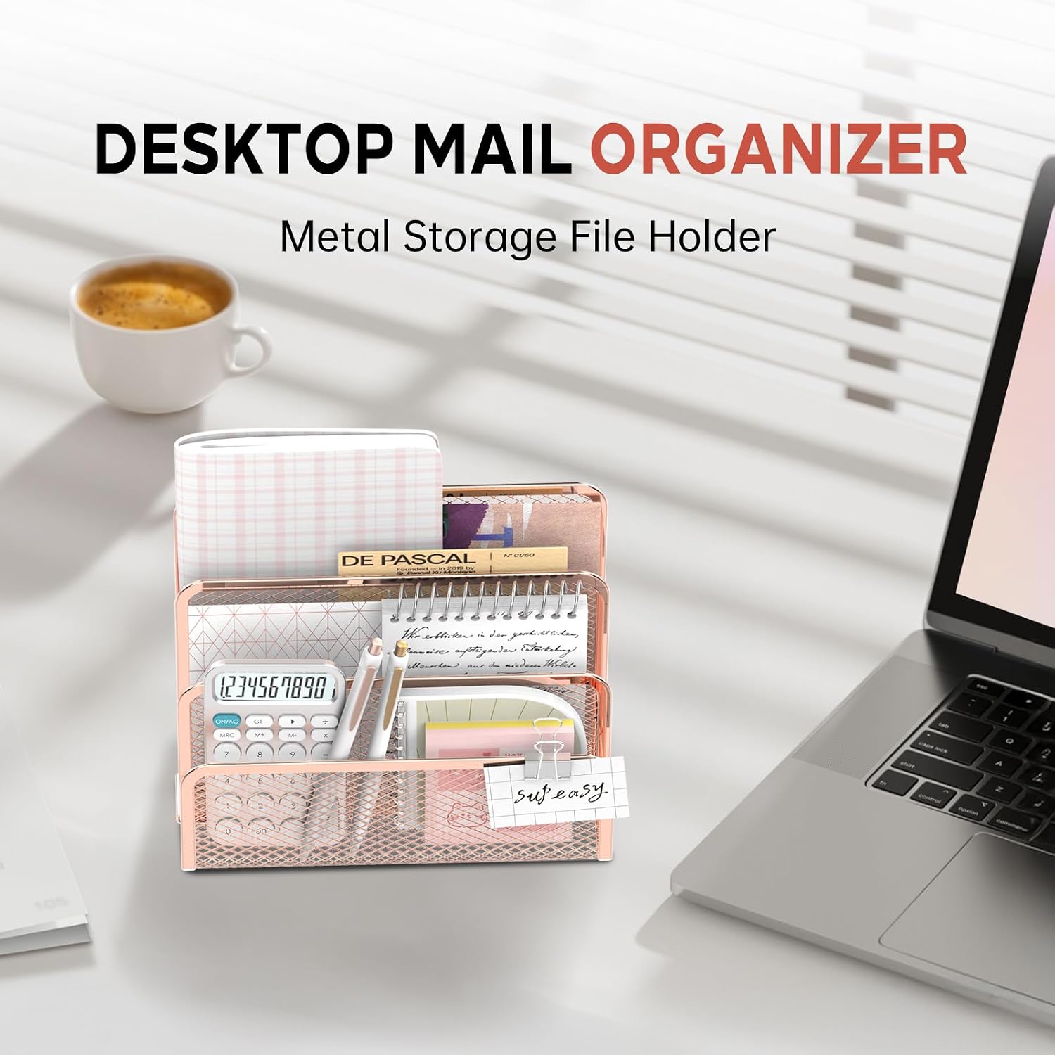 Detalle 2 de SUPEASY Rose Gold Metal Mesh Mail Organizer, 3-Slot Countertop Holder
