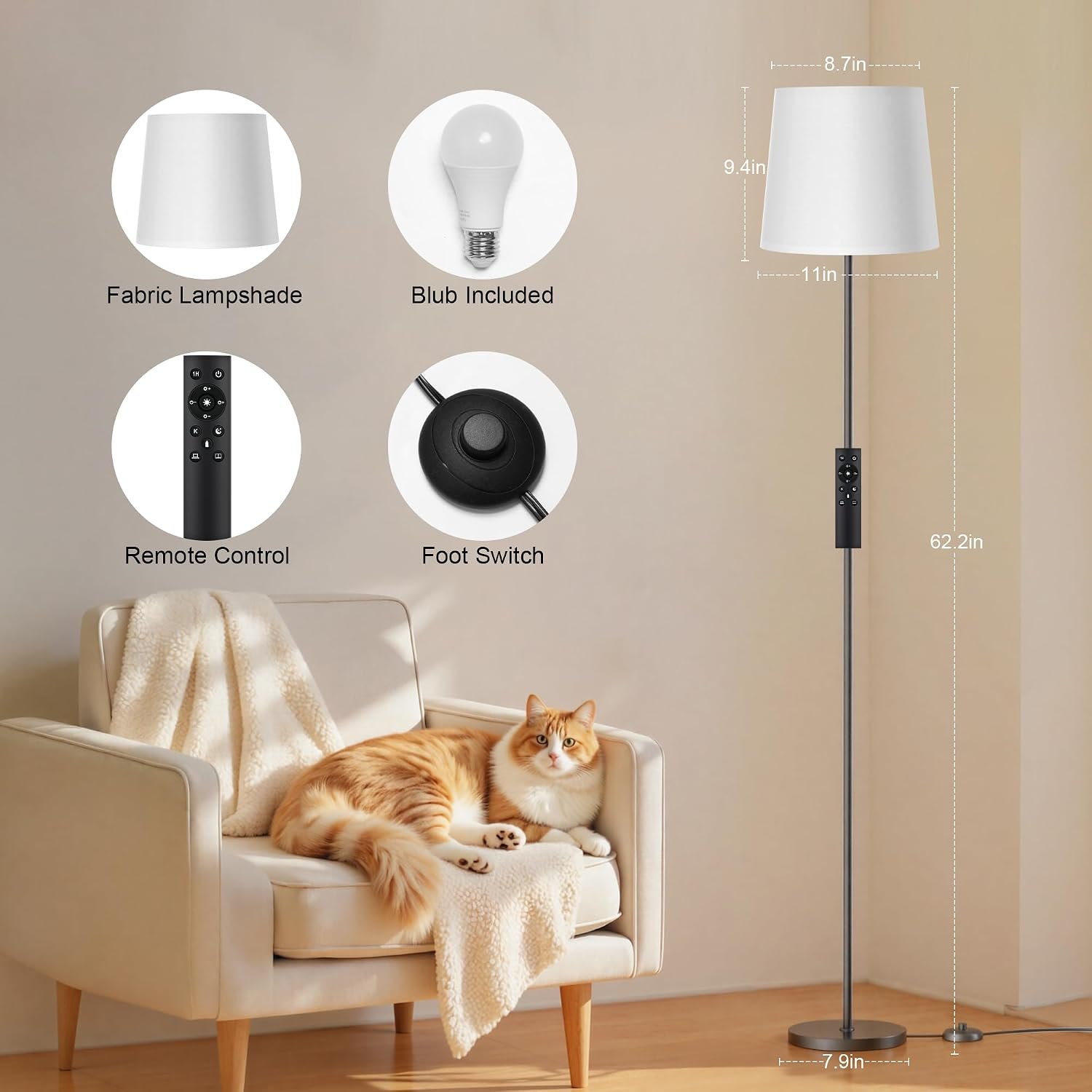 Thumbnail 1 de SIBRILLE Lampada da Terra per Salotto con telecomando e interruttore a pedale, 9W E27 3000K–6000K, paralume in lino