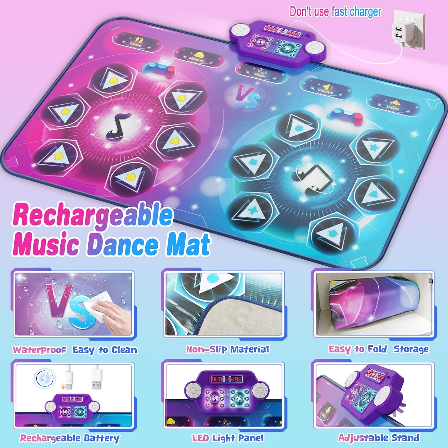Detalle de Maysida Rechargeable Dance Mat – Double User (35x59 inches) with Piano, Memory, and LED Battle Modes