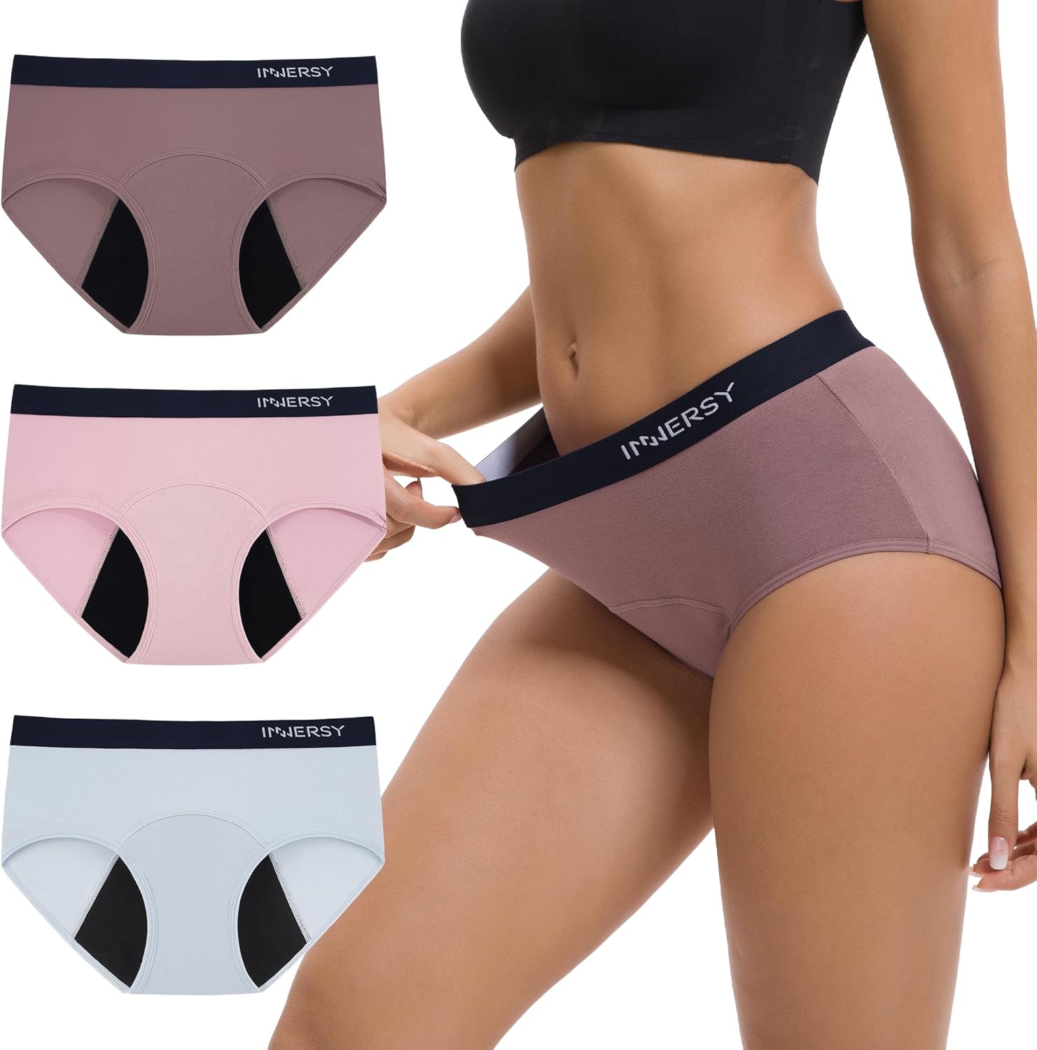 INNERSY Mutande ciclo mestruale donna vita media lavabili confezione da 3 slip per flusso leggero