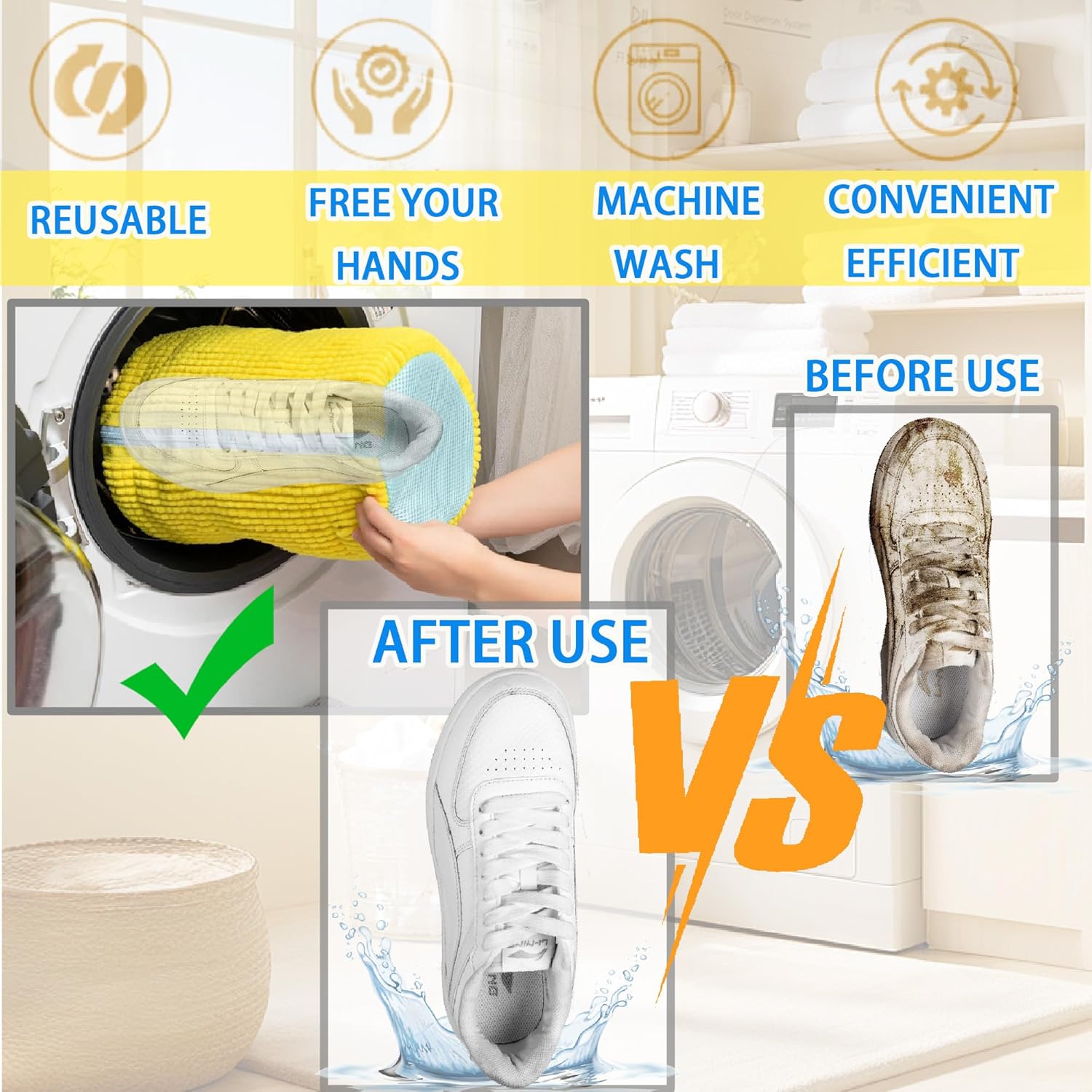 Detalle 2 de Shoe Washing Machine Bag Trainer Shoe Bag Laundry with Zips 360° Cleaning (Yellow, 2 Pack)