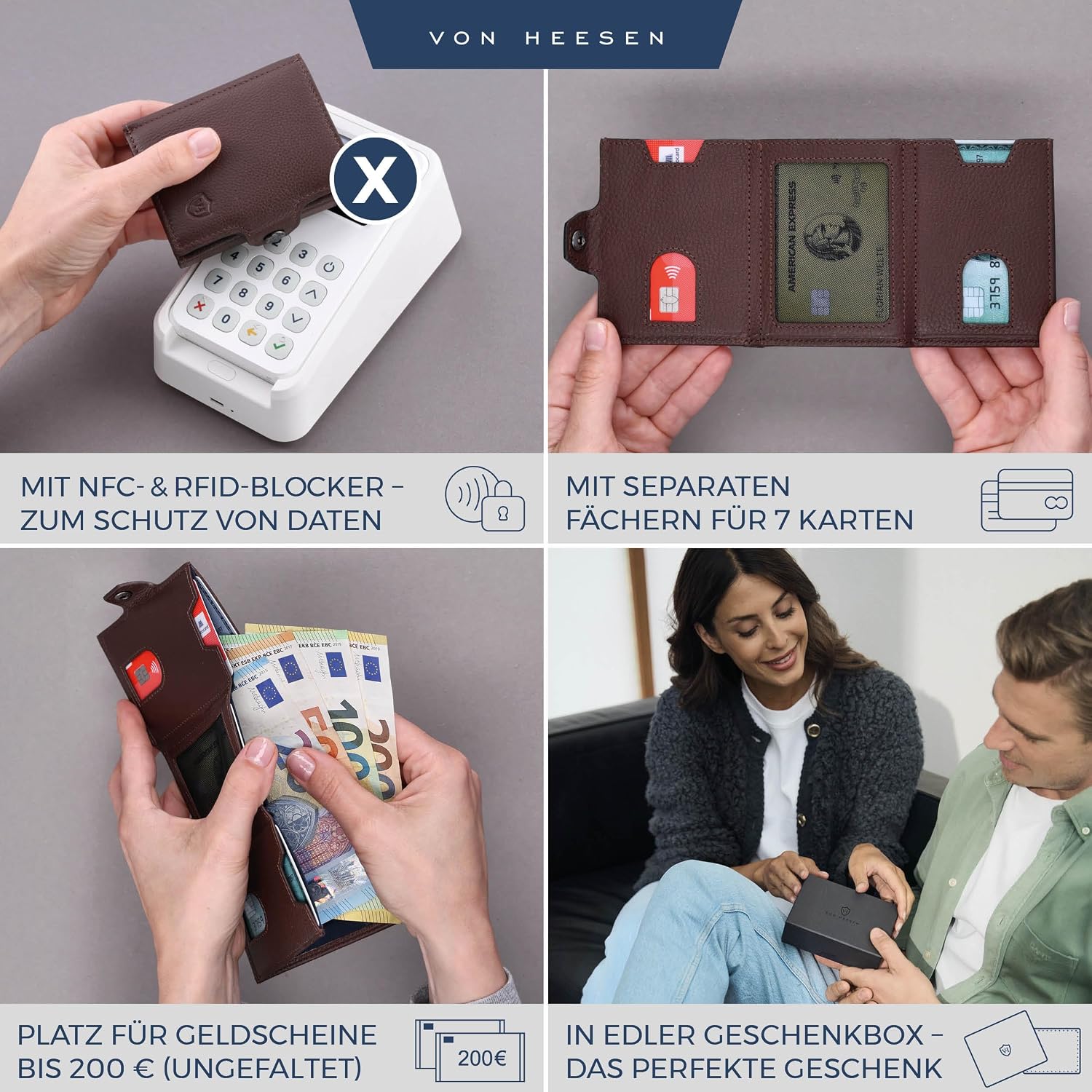 Detalle de VON HEESEN Slim Wallet mit Münzfach & RFID-Schutz – Kompakte Geldbörse aus Nappa-Leder