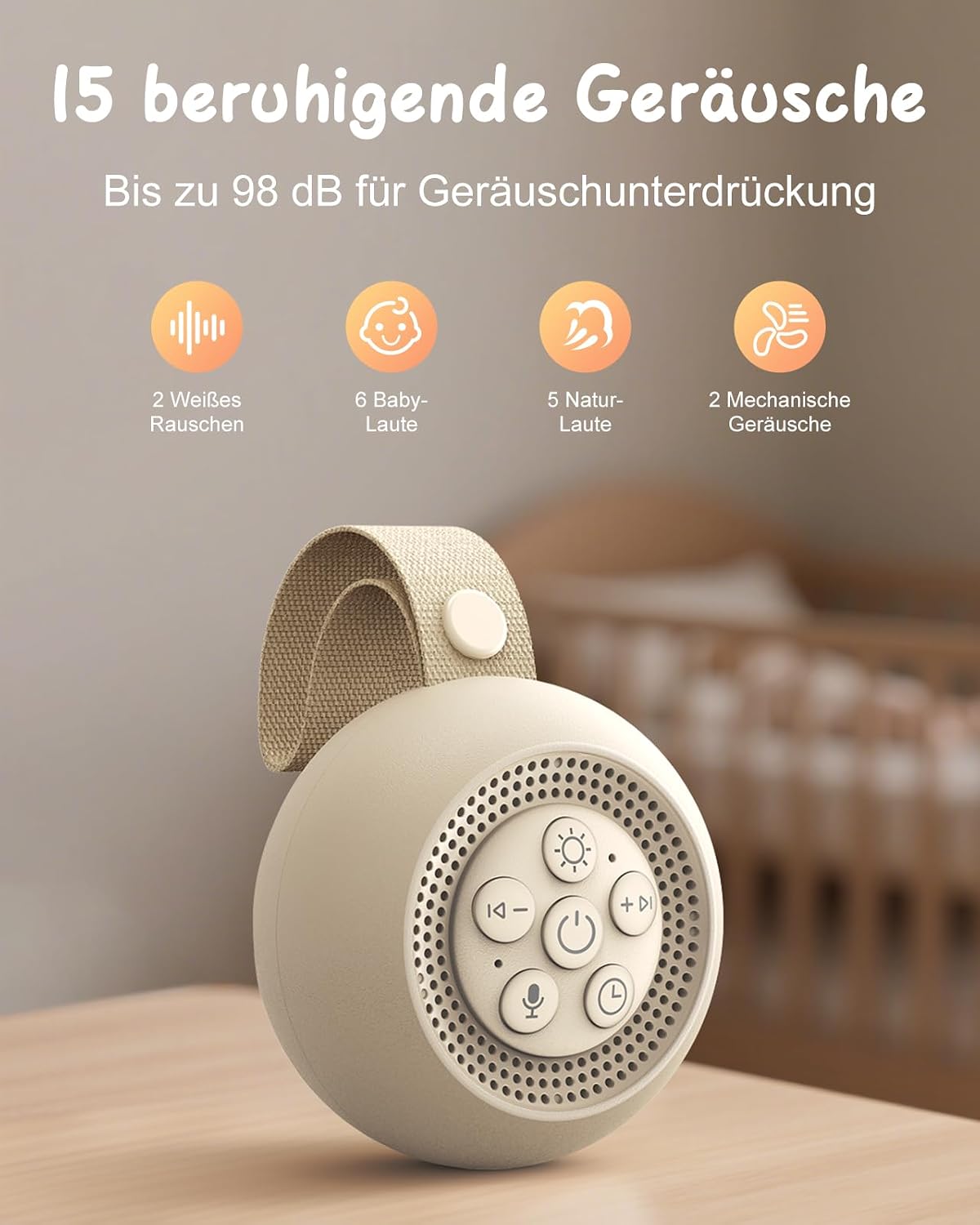 Detalle 2 de Babacom Tragbare White Noise Machine Baby mit Sprachaufzeichnung – 15 beruhigende Geräusche, Nachtlicht, Timer und USB-C